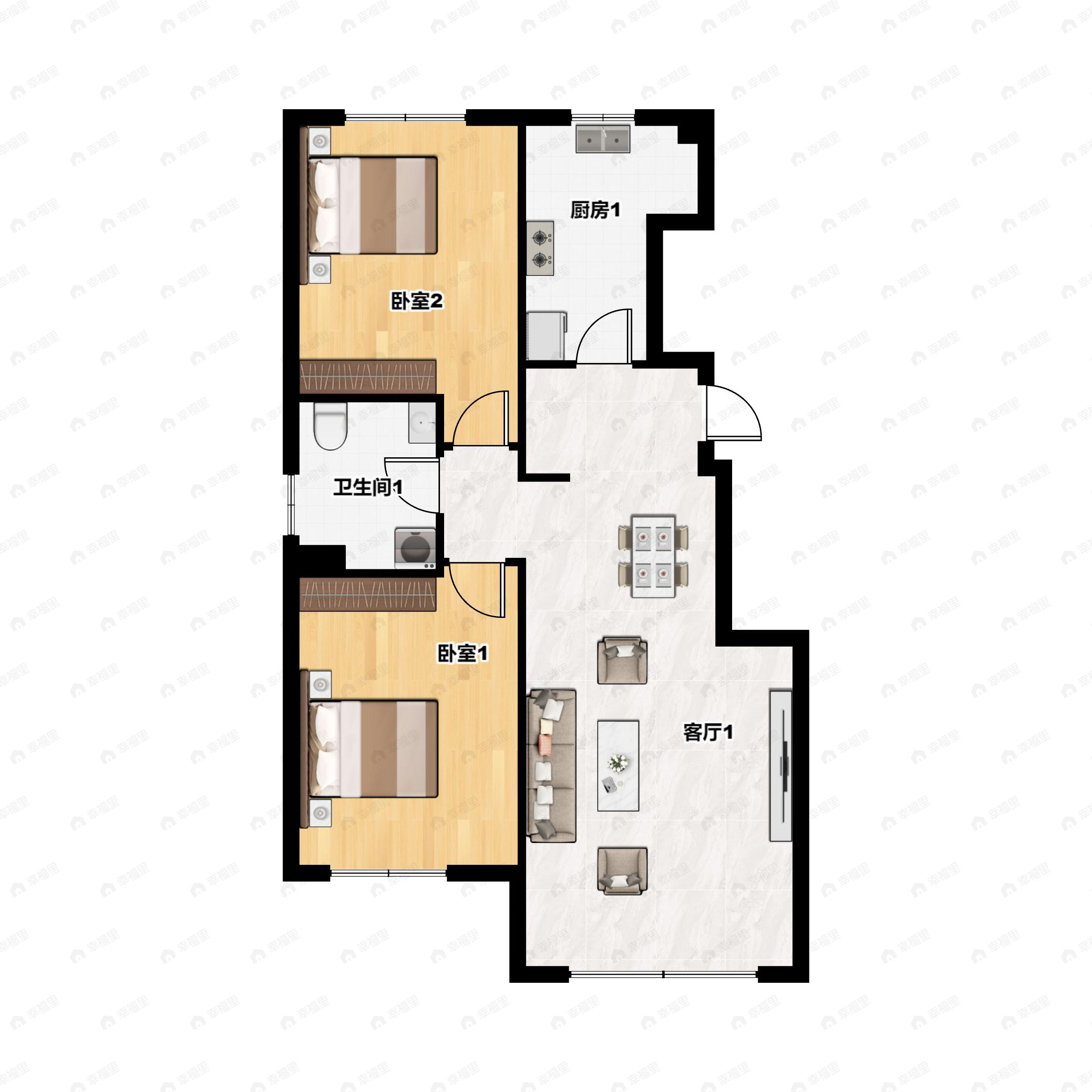2室2厅1卫建面89m²南户型图