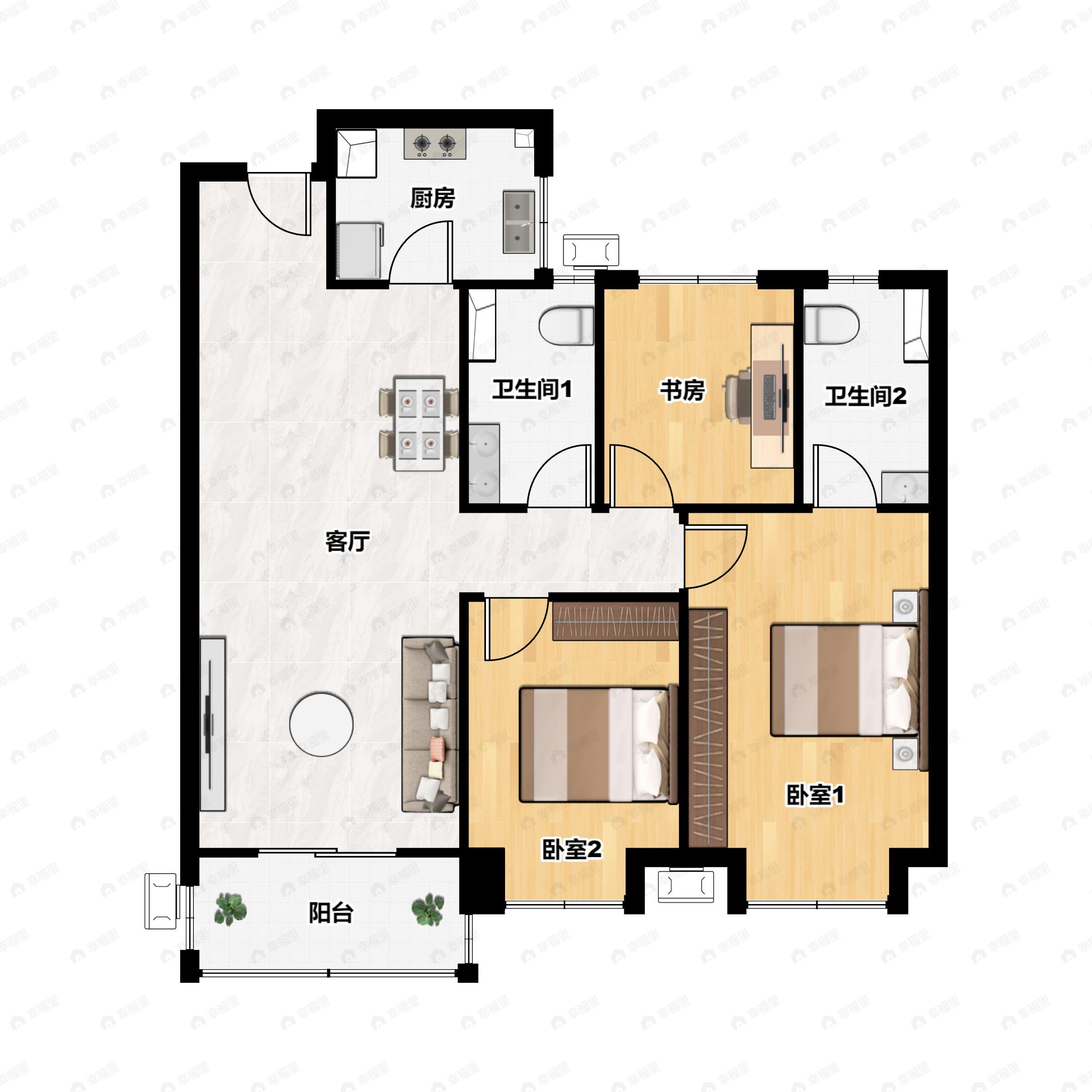 3室2厅2卫建面109平南|北户型图