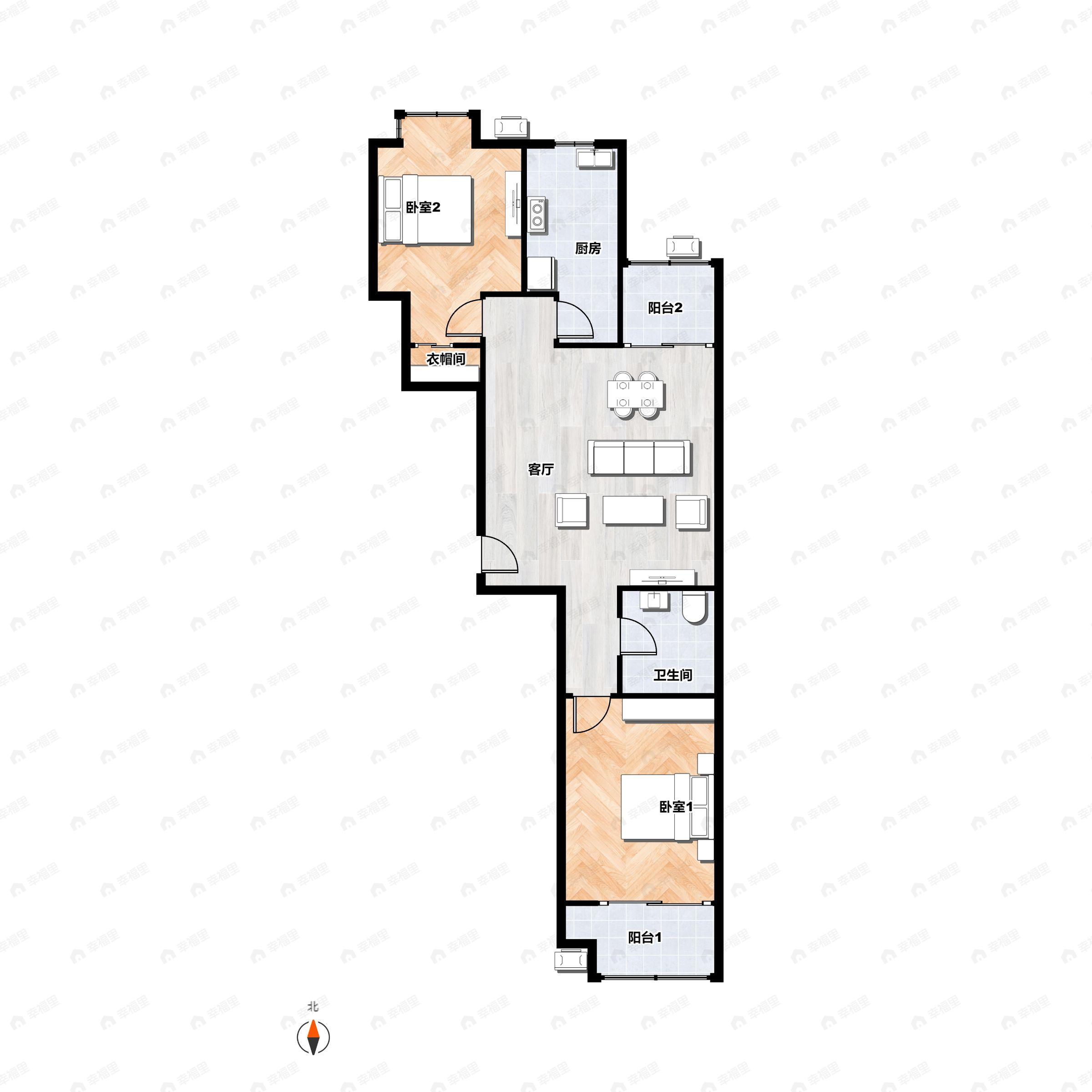 2室2厅1卫建面88平南户型图