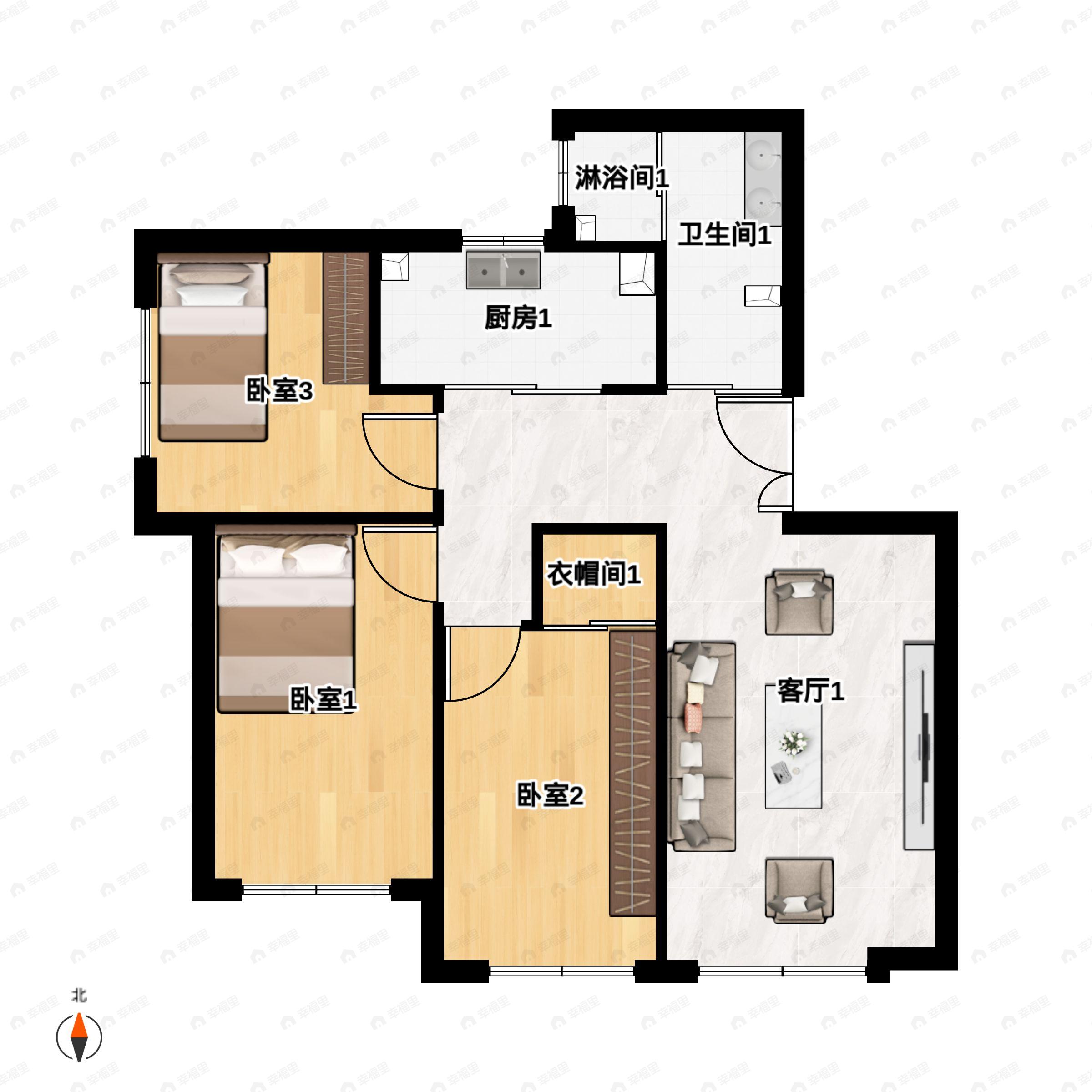 3室2厅1卫建面103平户型图