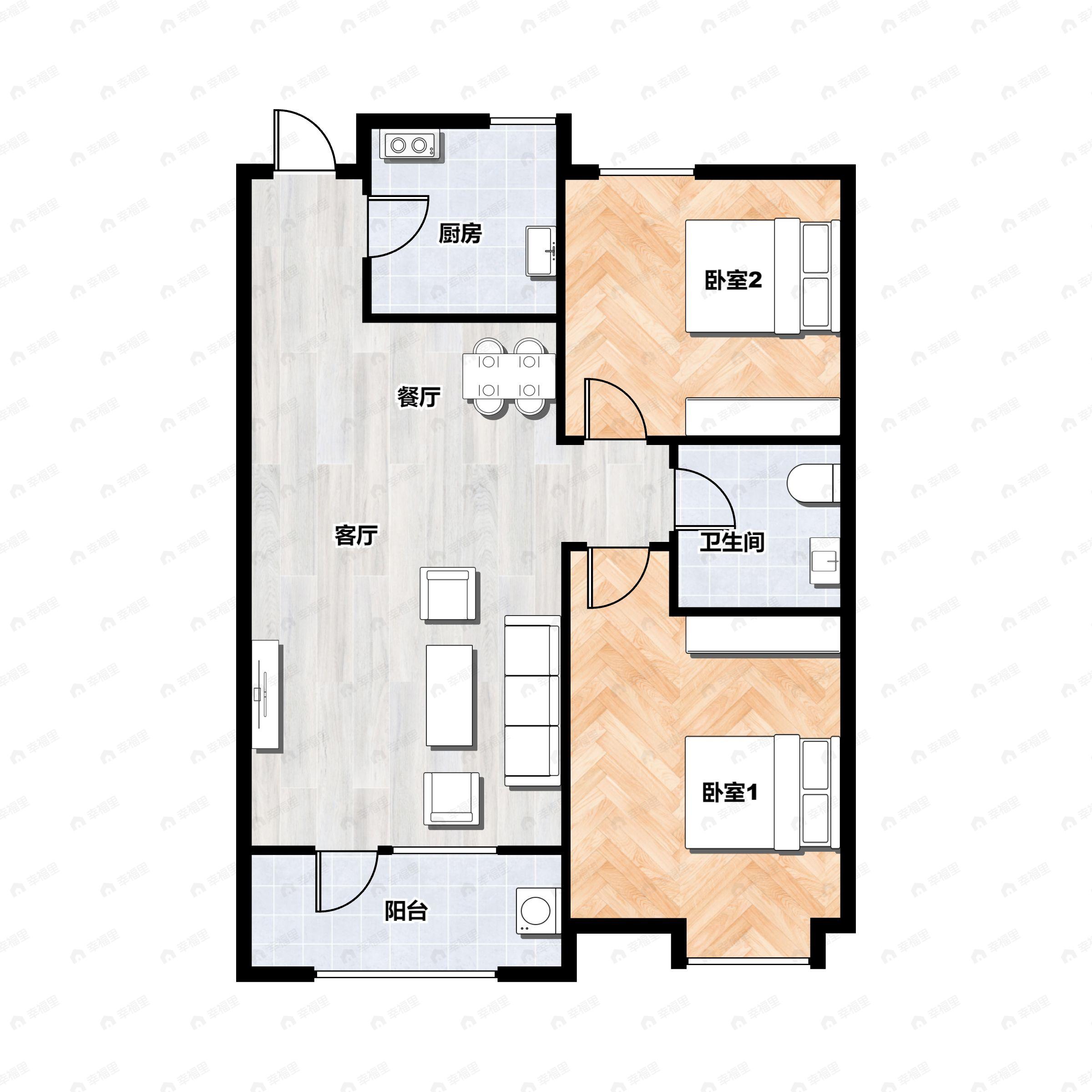 2室2厅1卫建面89m²南户型图