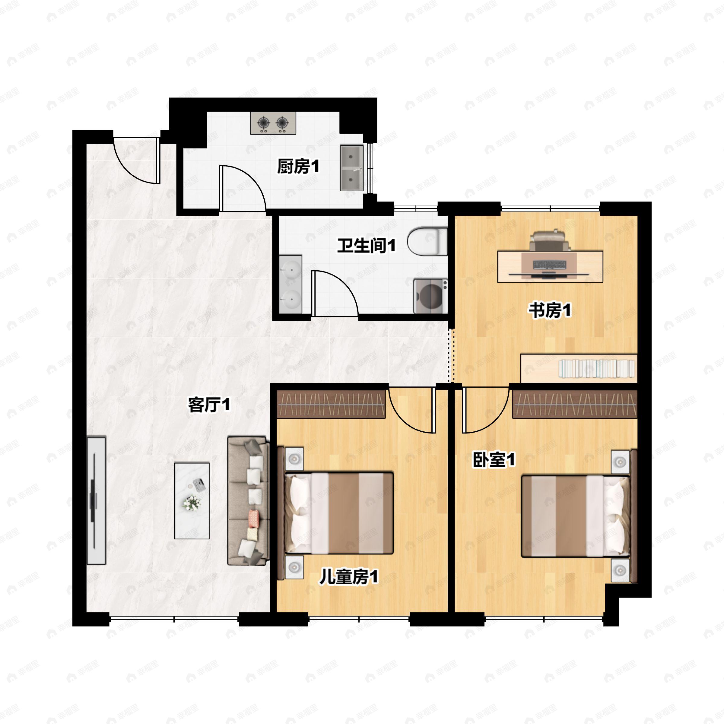 3室2厅1卫建面90m²南户型图
