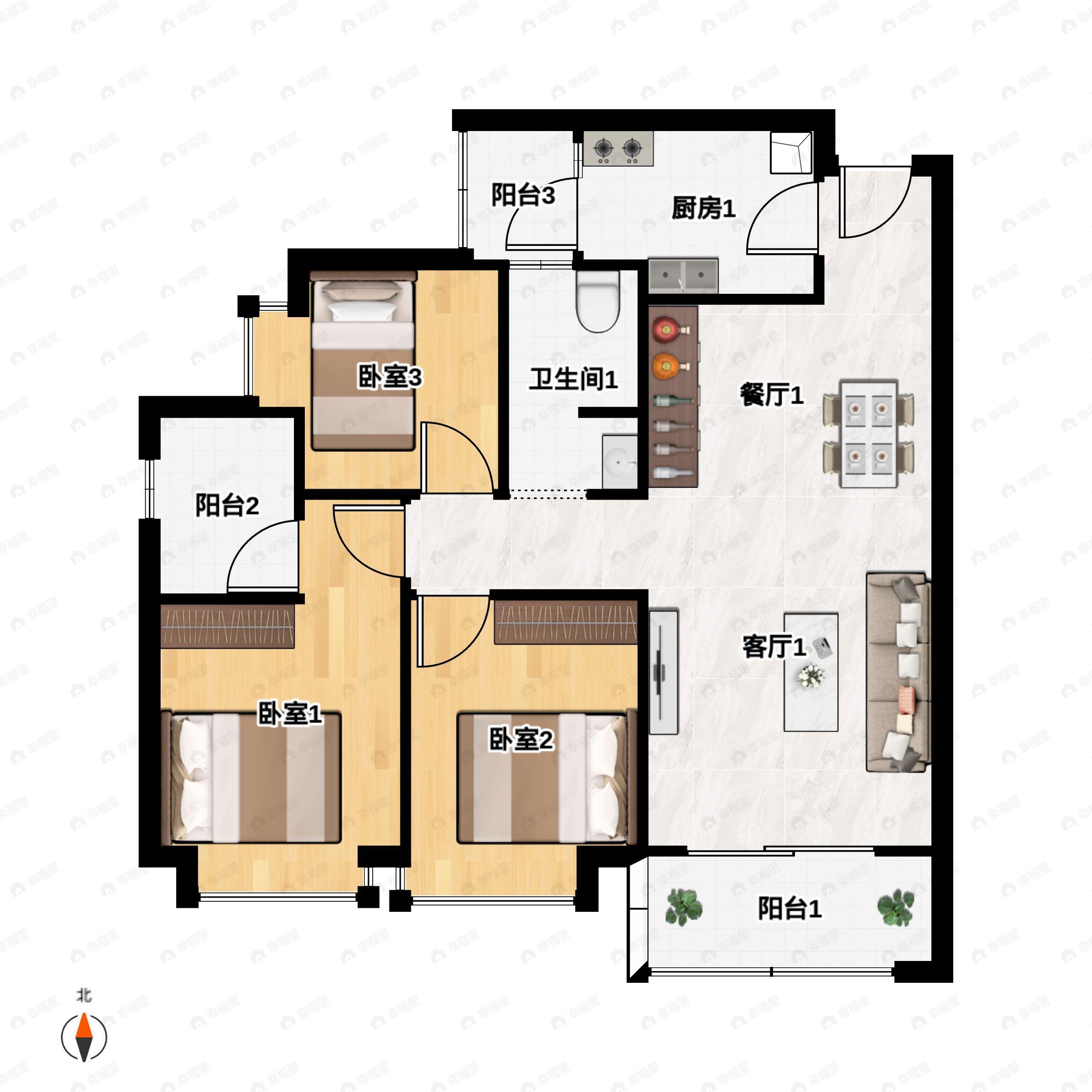 3室2厅2卫建面108平南|北户型图