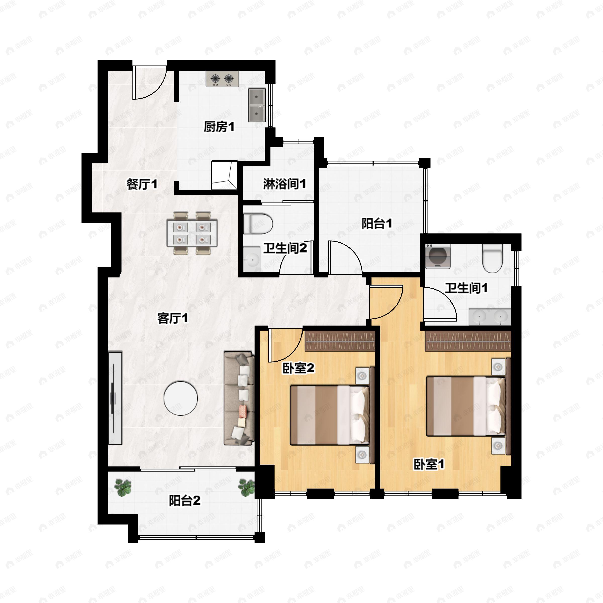2室2厅2卫建面89平西南户型图