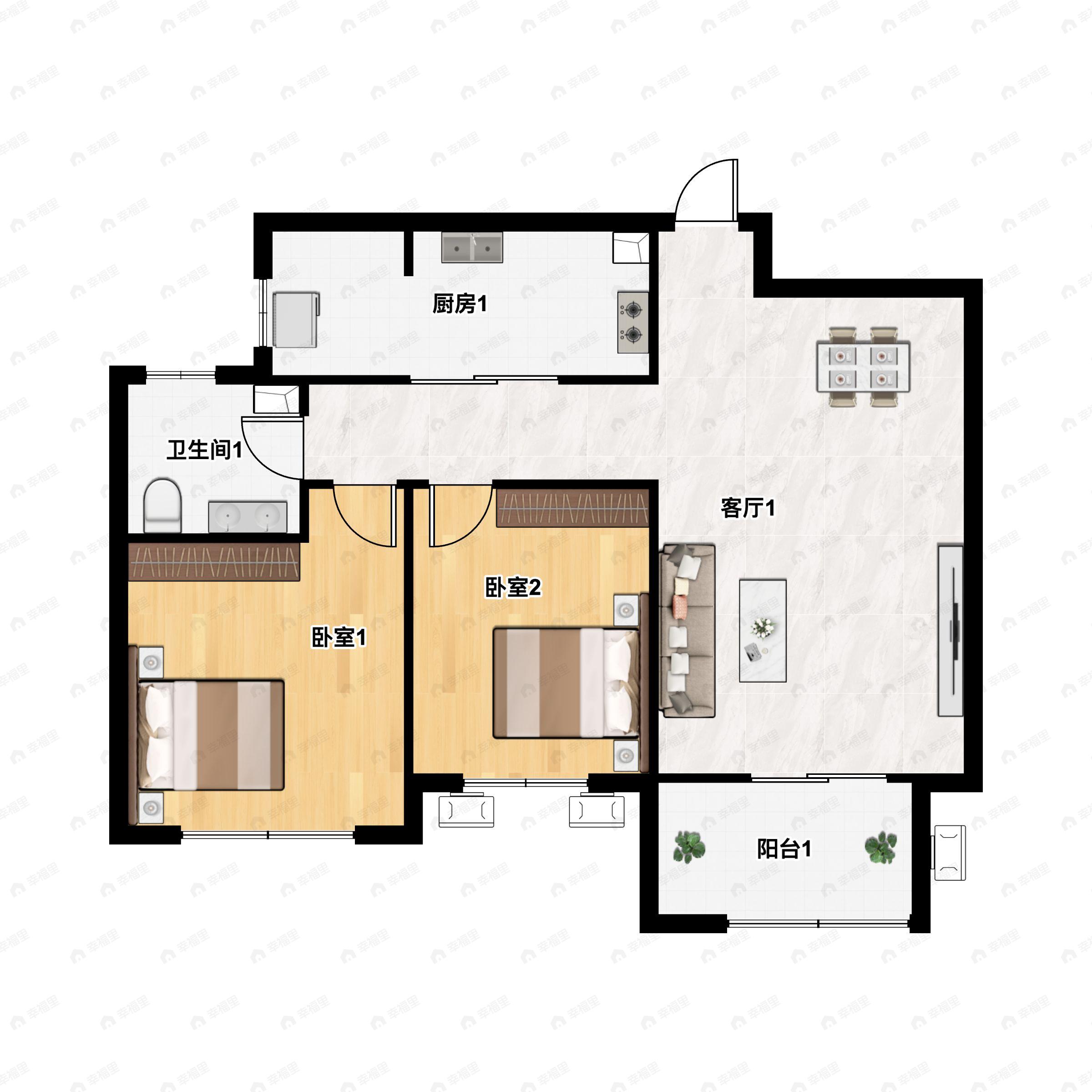2室2厅1卫建面85m²南户型图