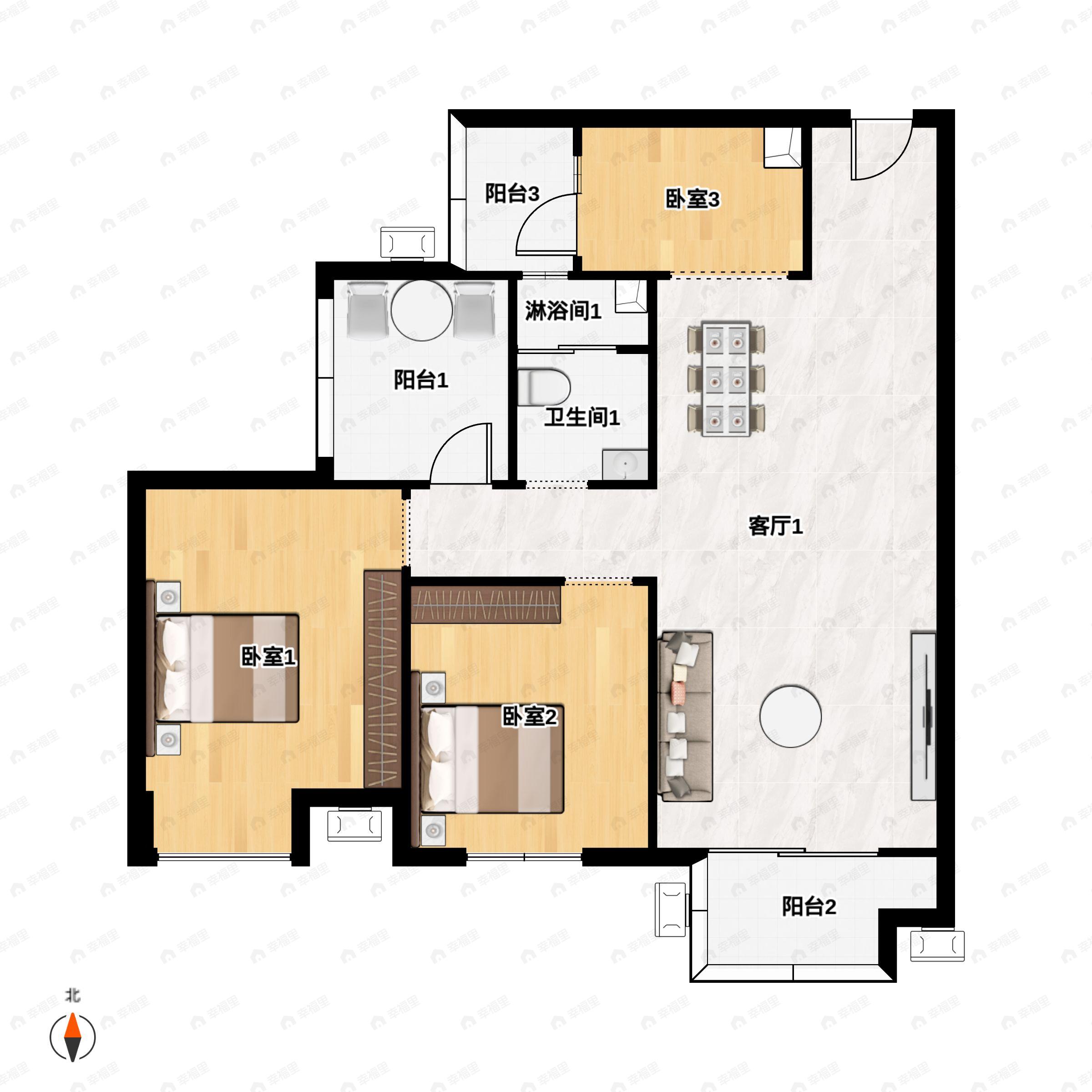 2室2厅1卫建面99m²南户型图
