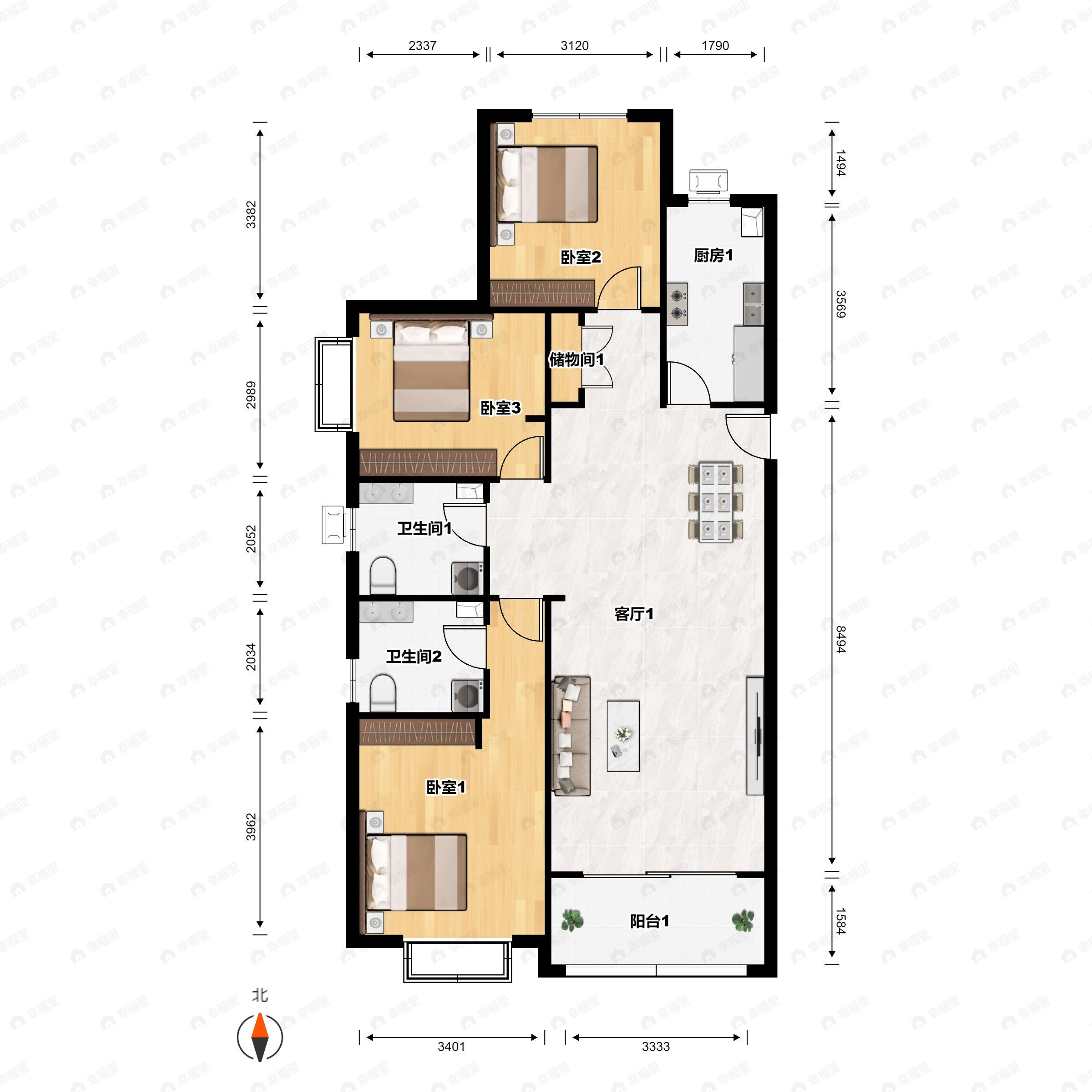 3室2厅2卫建面129平南户型图