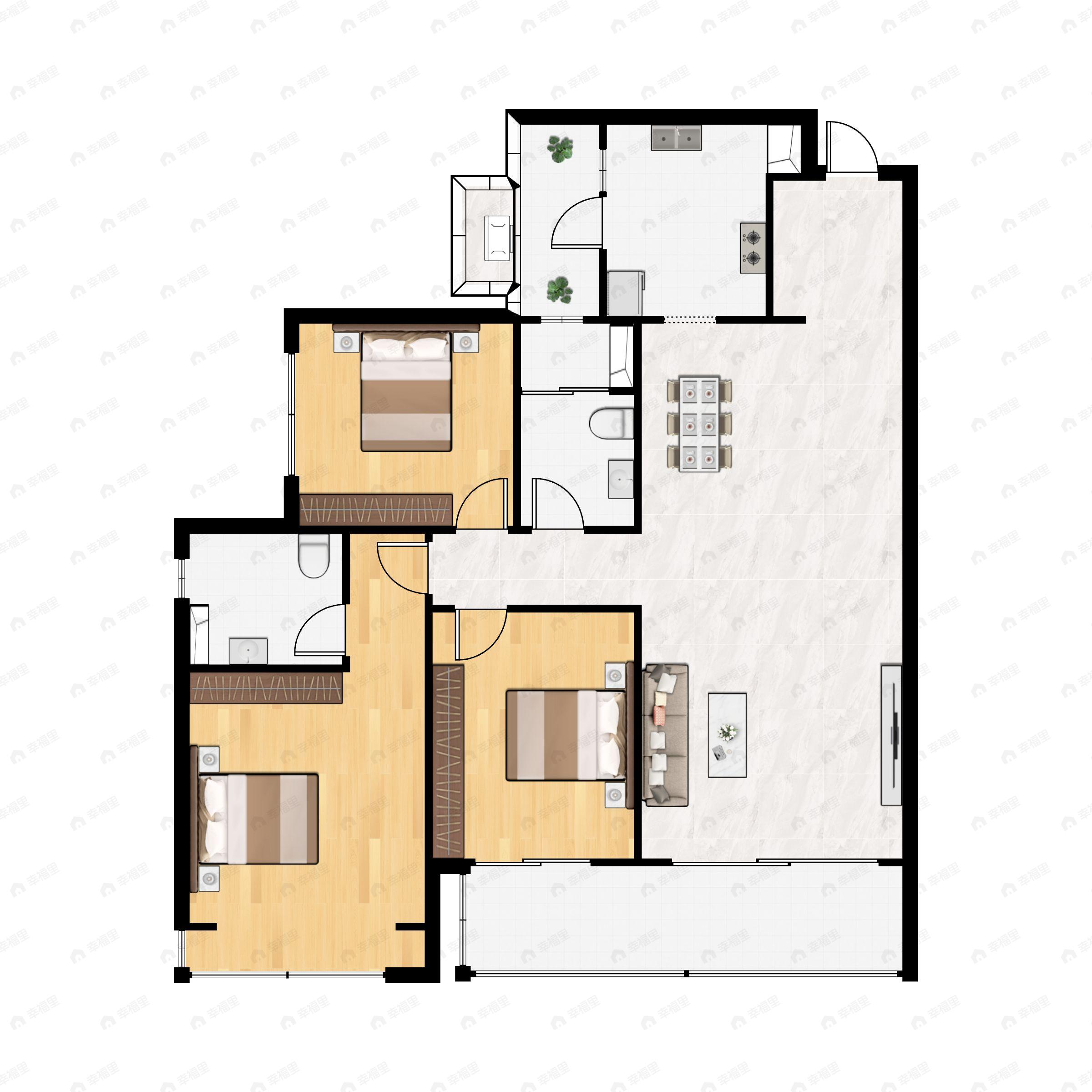 3室2厅2卫建面118m²南户型图