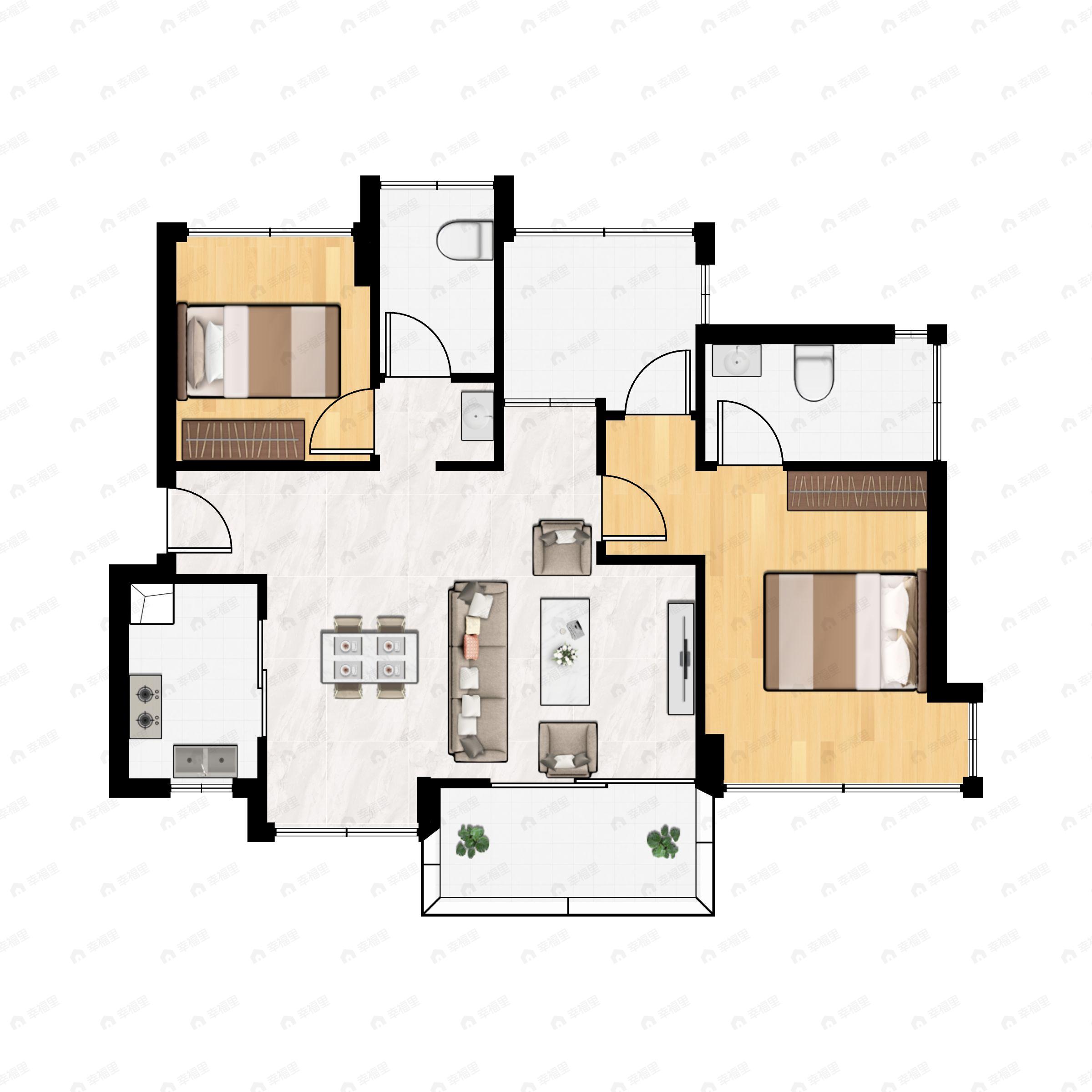 2室2厅2卫建面89m²南户型图