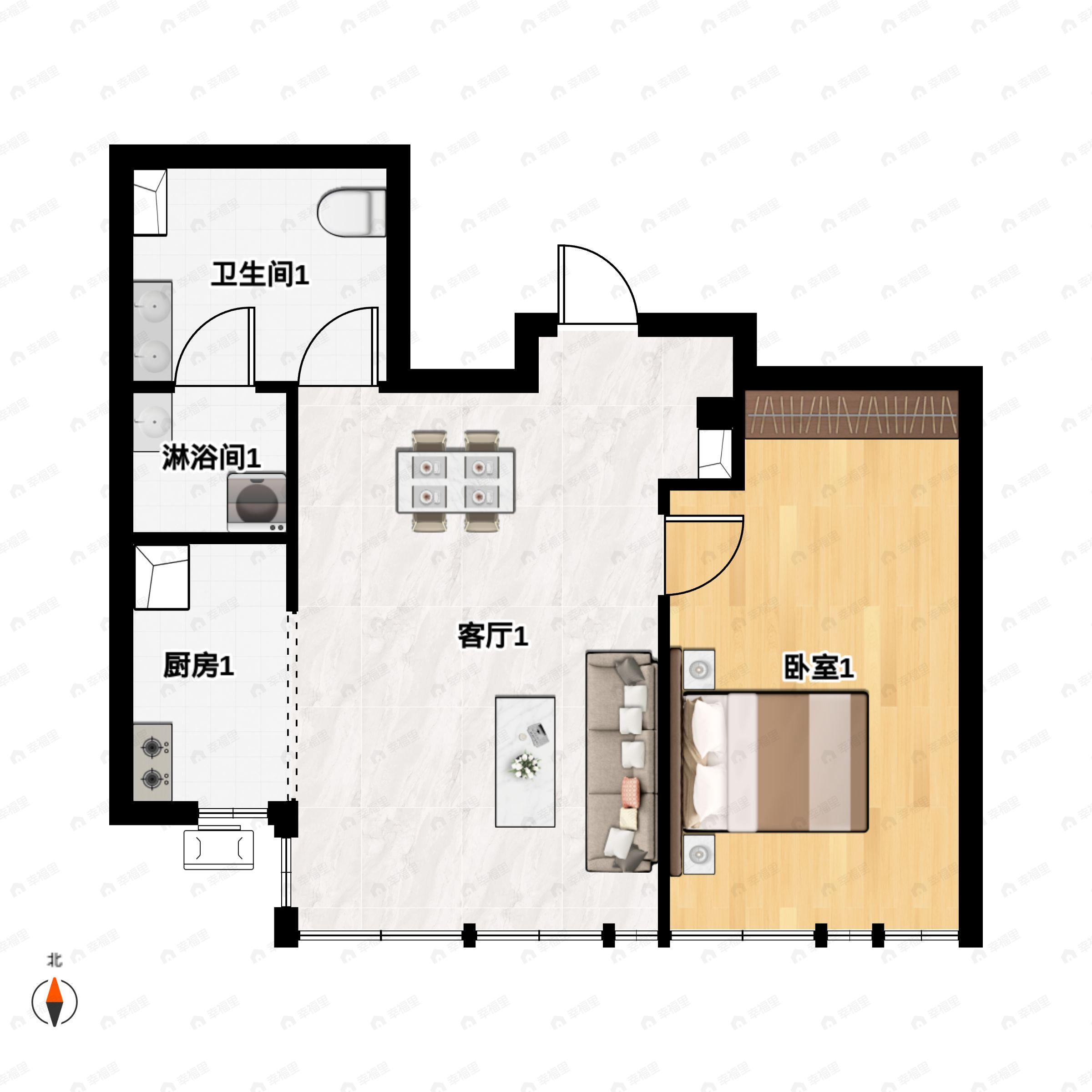 1室2厅1卫建面94m²南户型图