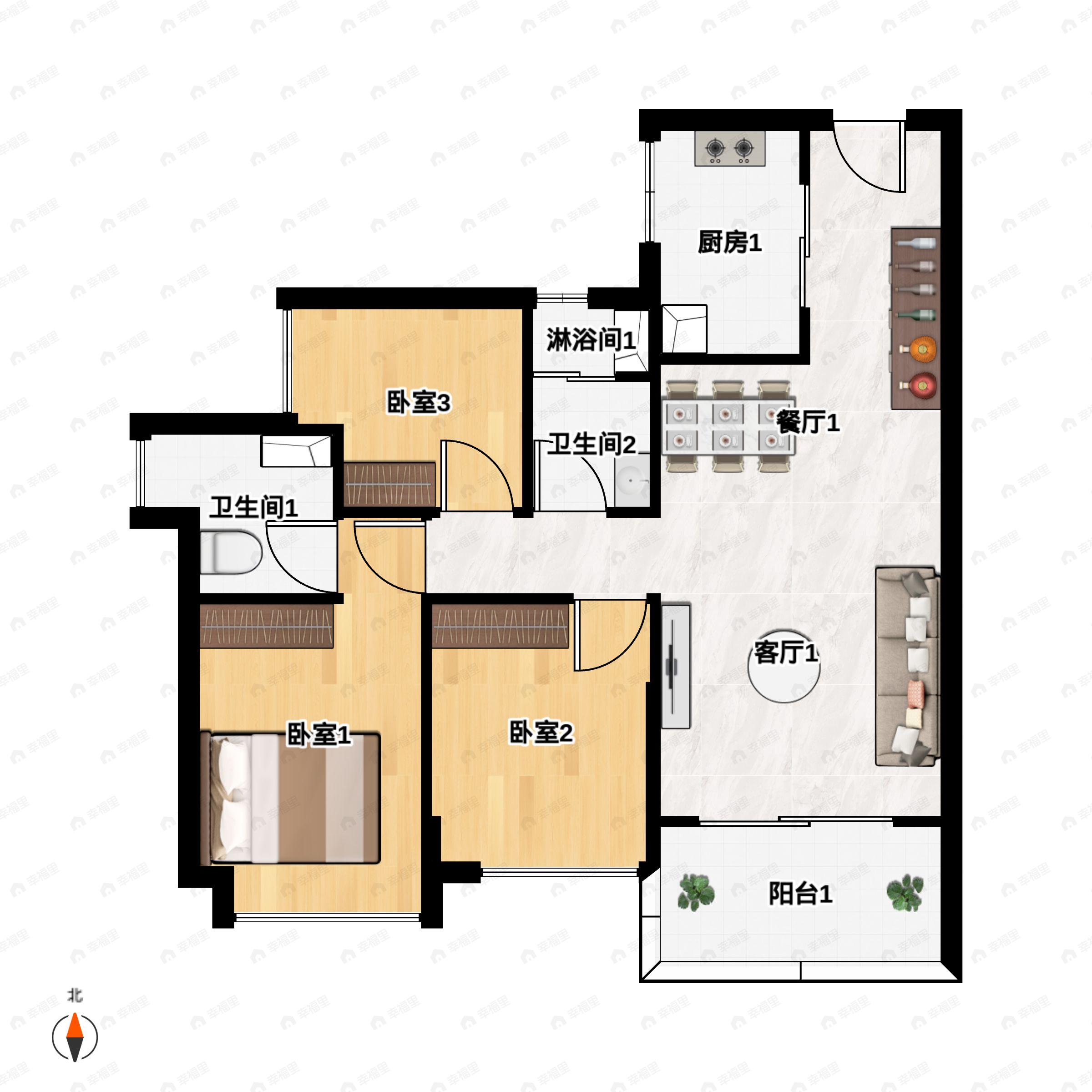 时代星湖印记3室2厅2卫户型图
