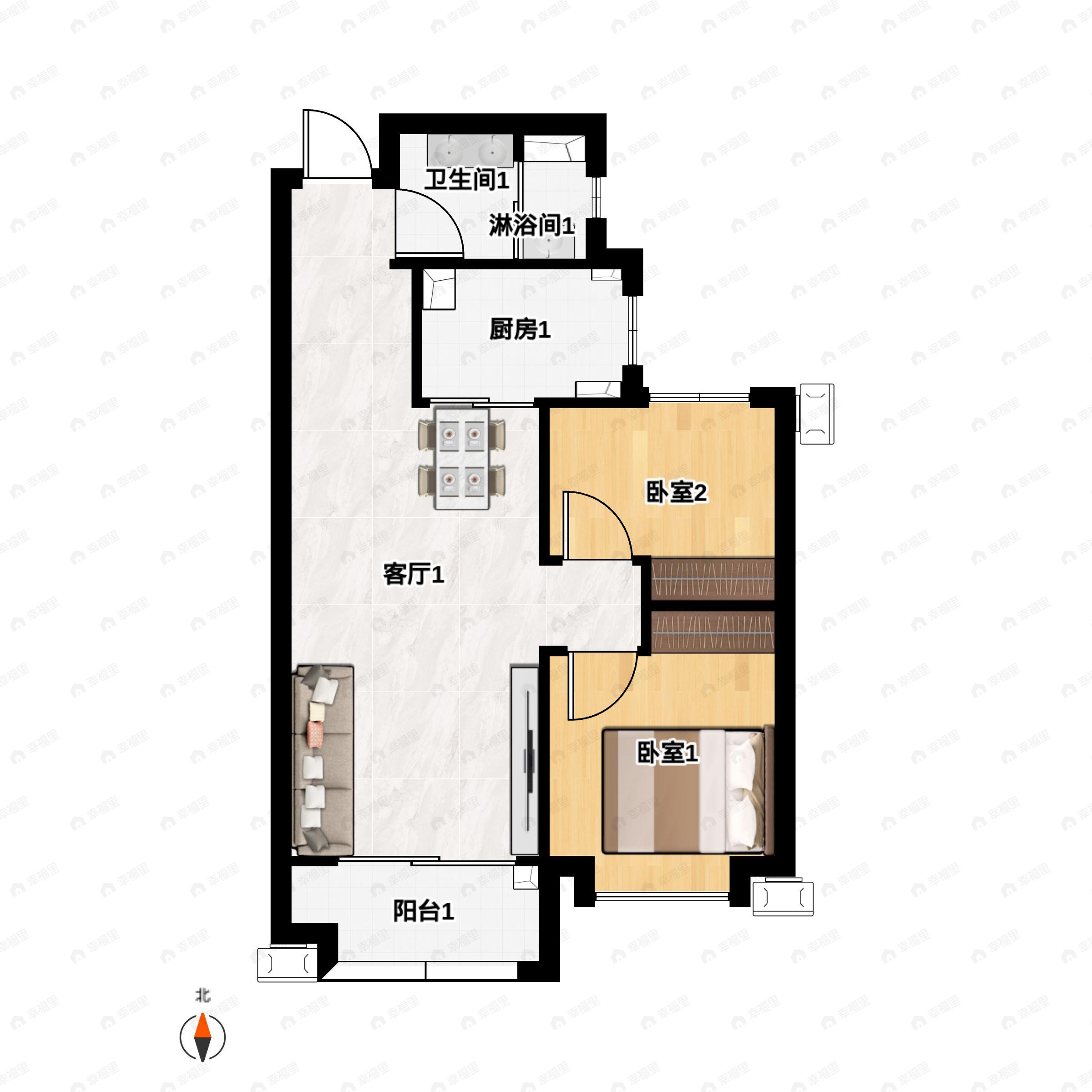 2室2厅1卫建面77m²南|北户型图