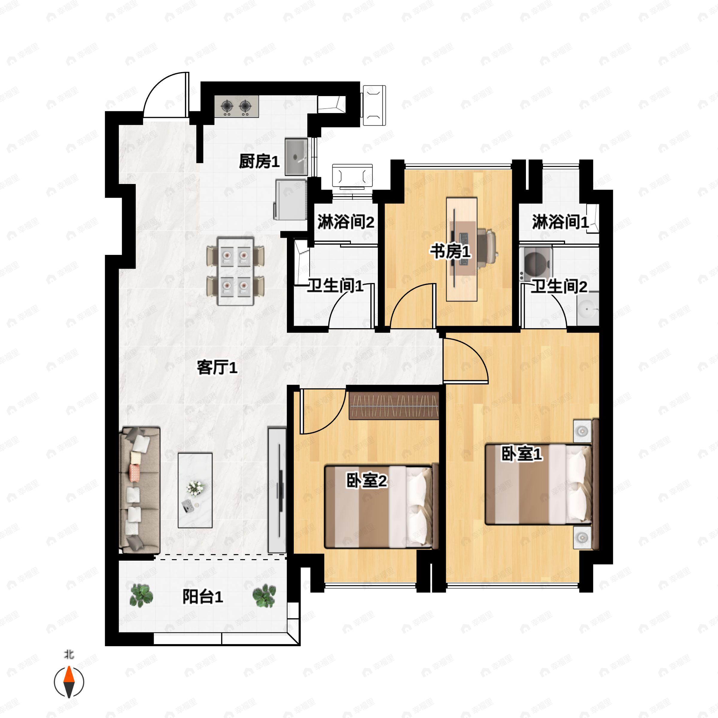 3室2厅2卫建面100m²南户型图
