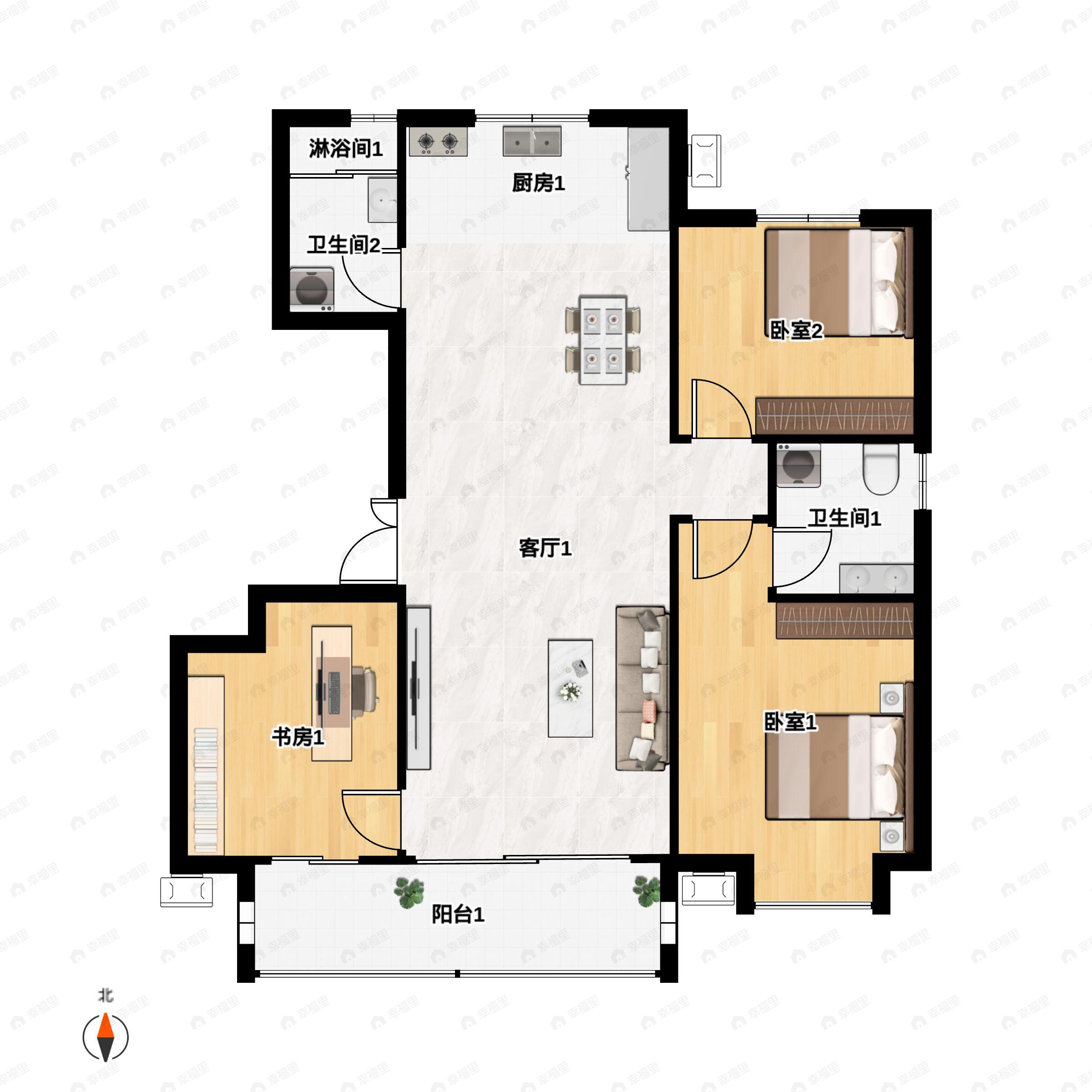 3室2厅2卫建面118m²南|北户型图