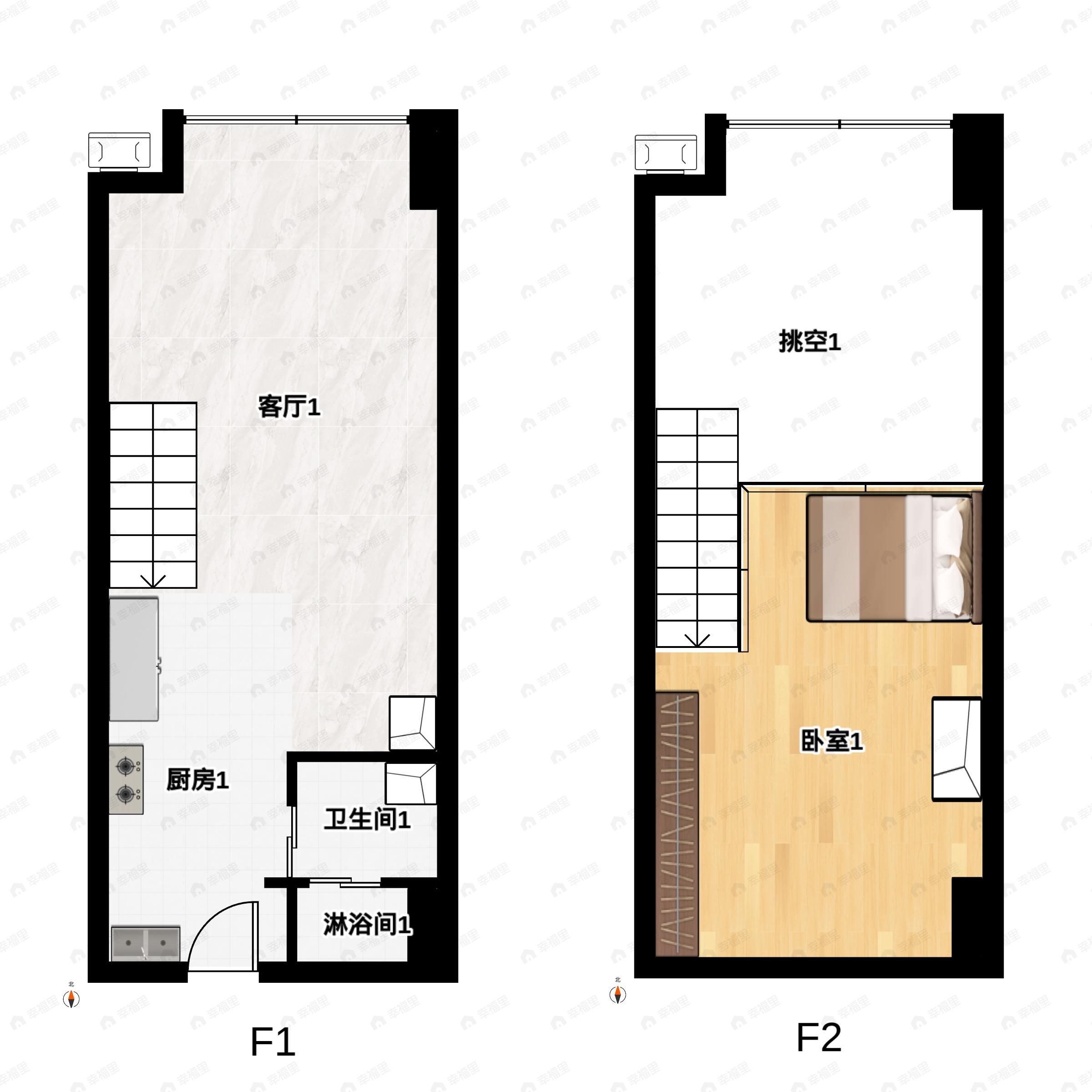 1室4厅2卫建面52平南户型图