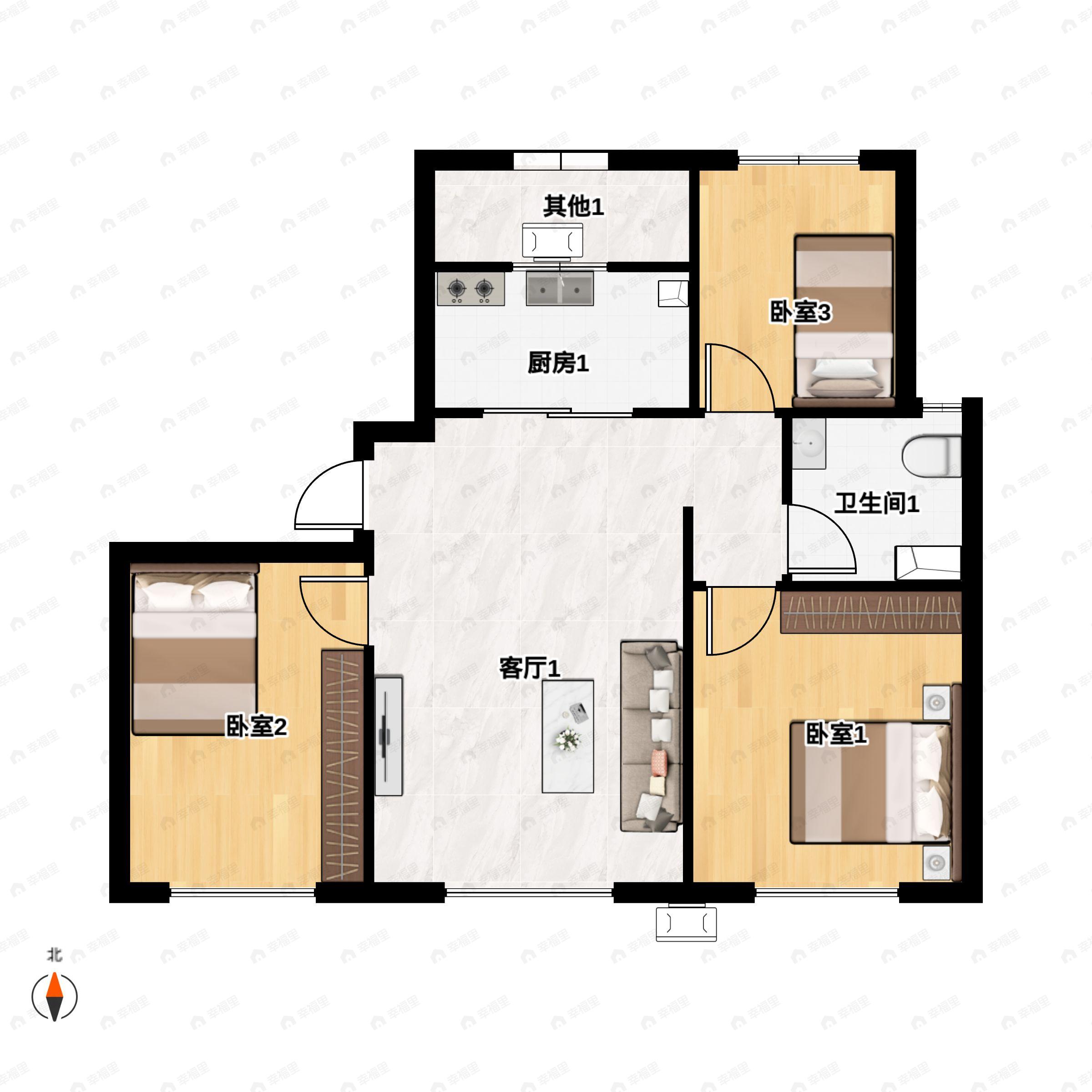 3室2厅1卫建面89平南|北户型图