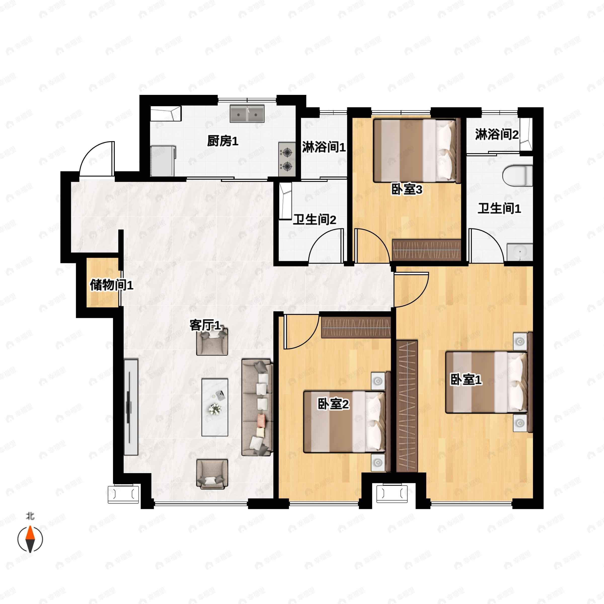 3室2厅2卫建面125平南|北户型图