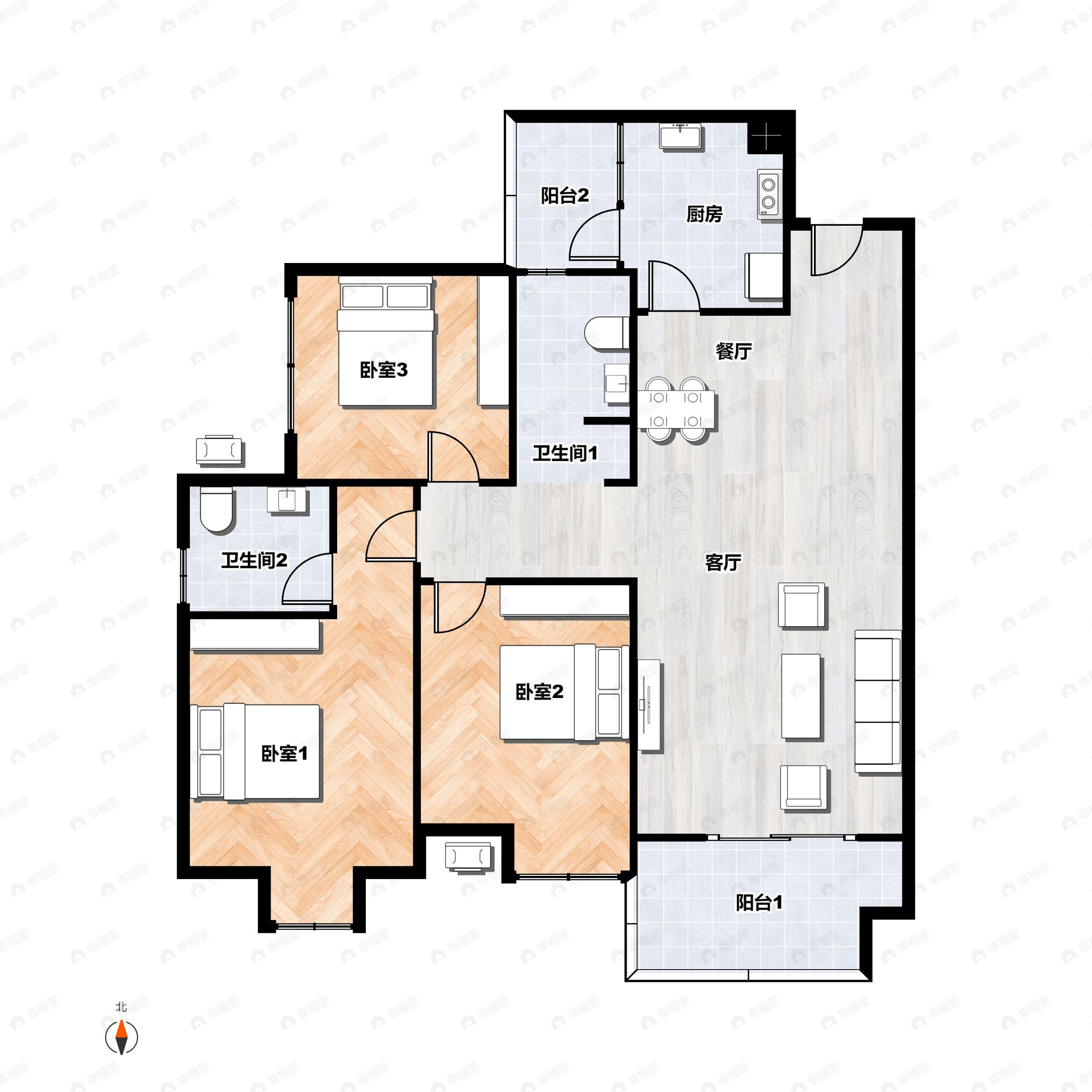 3室2厅2卫建面109平户型图