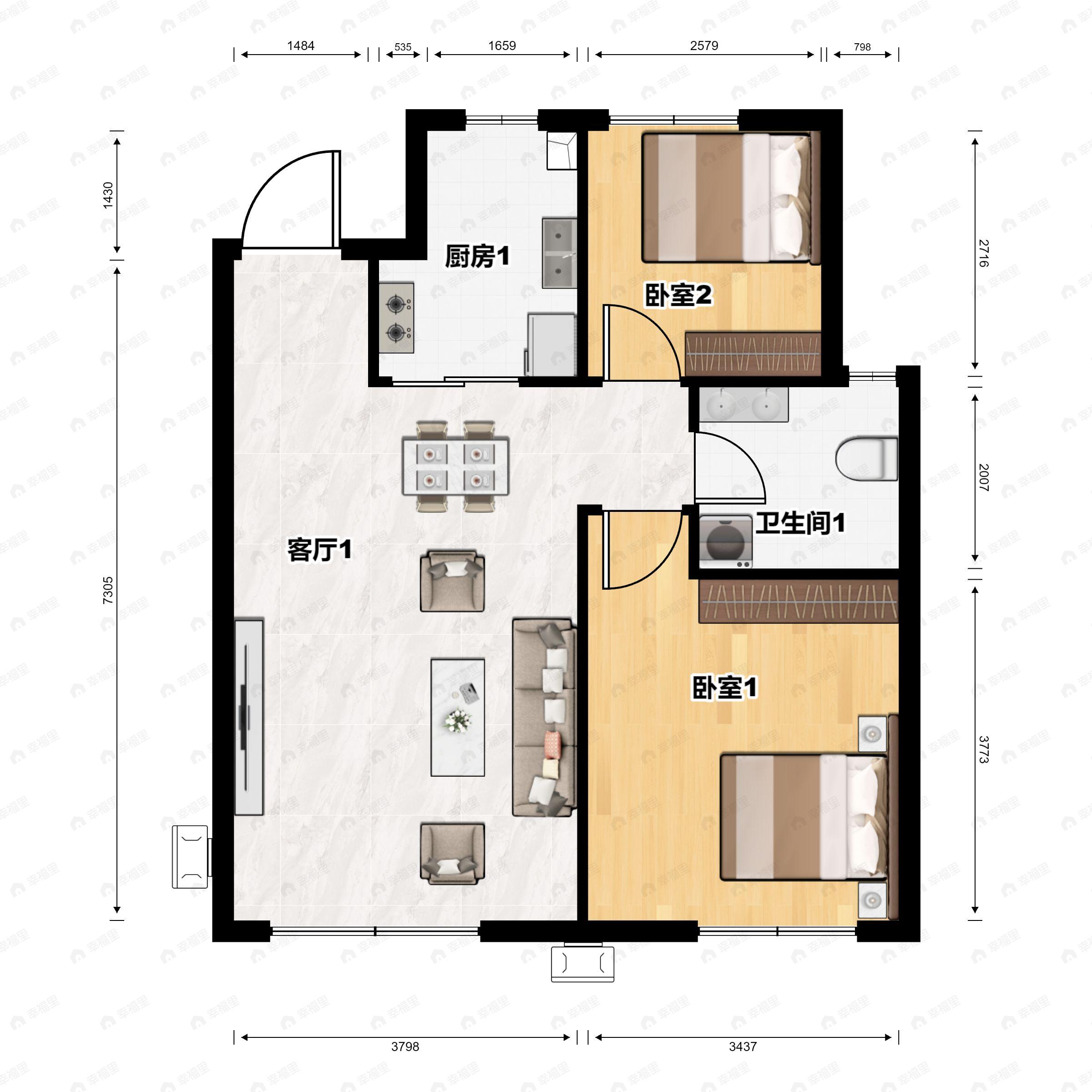 2室2厅1卫建面77平户型图