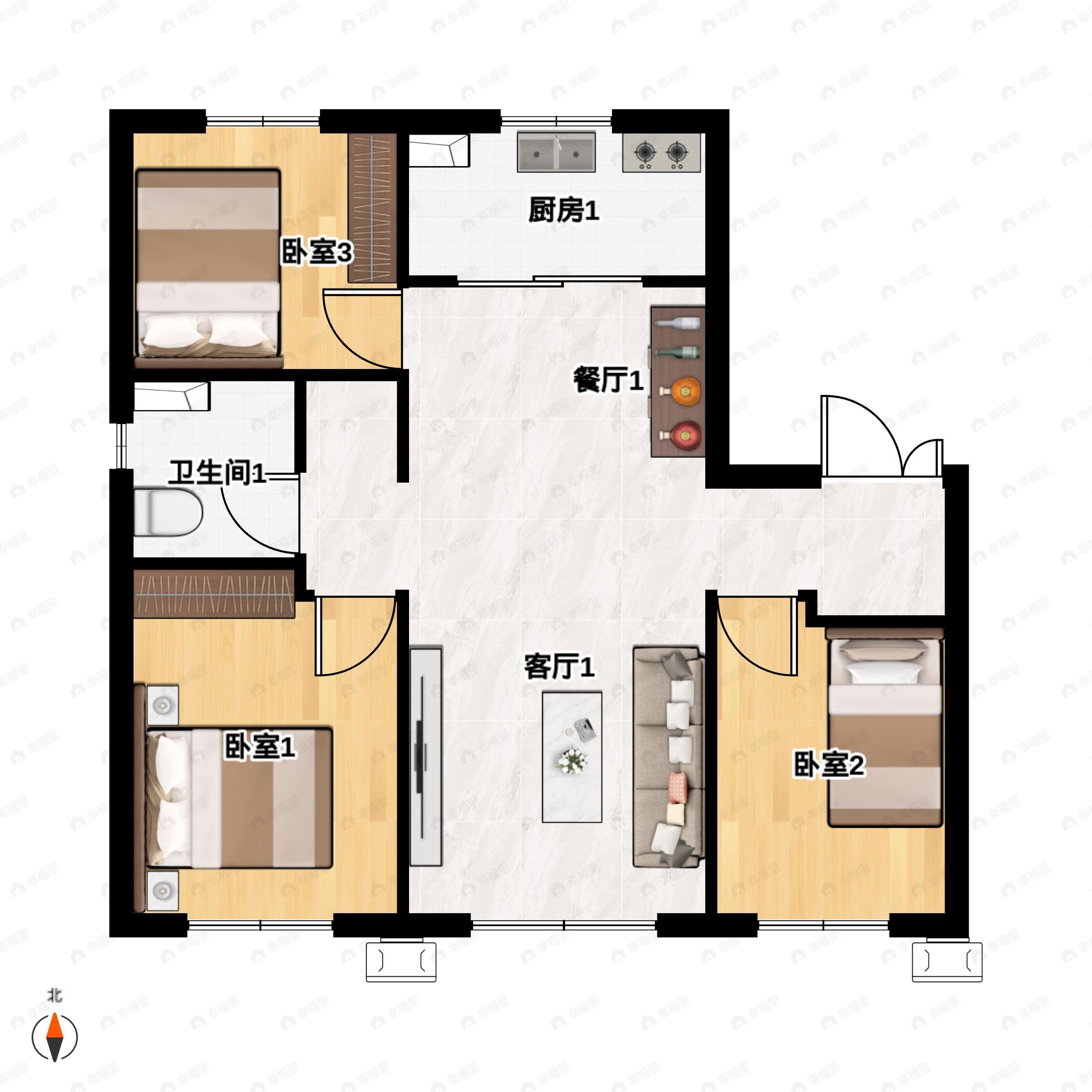 3室2厅1卫建面106平南|北户型图