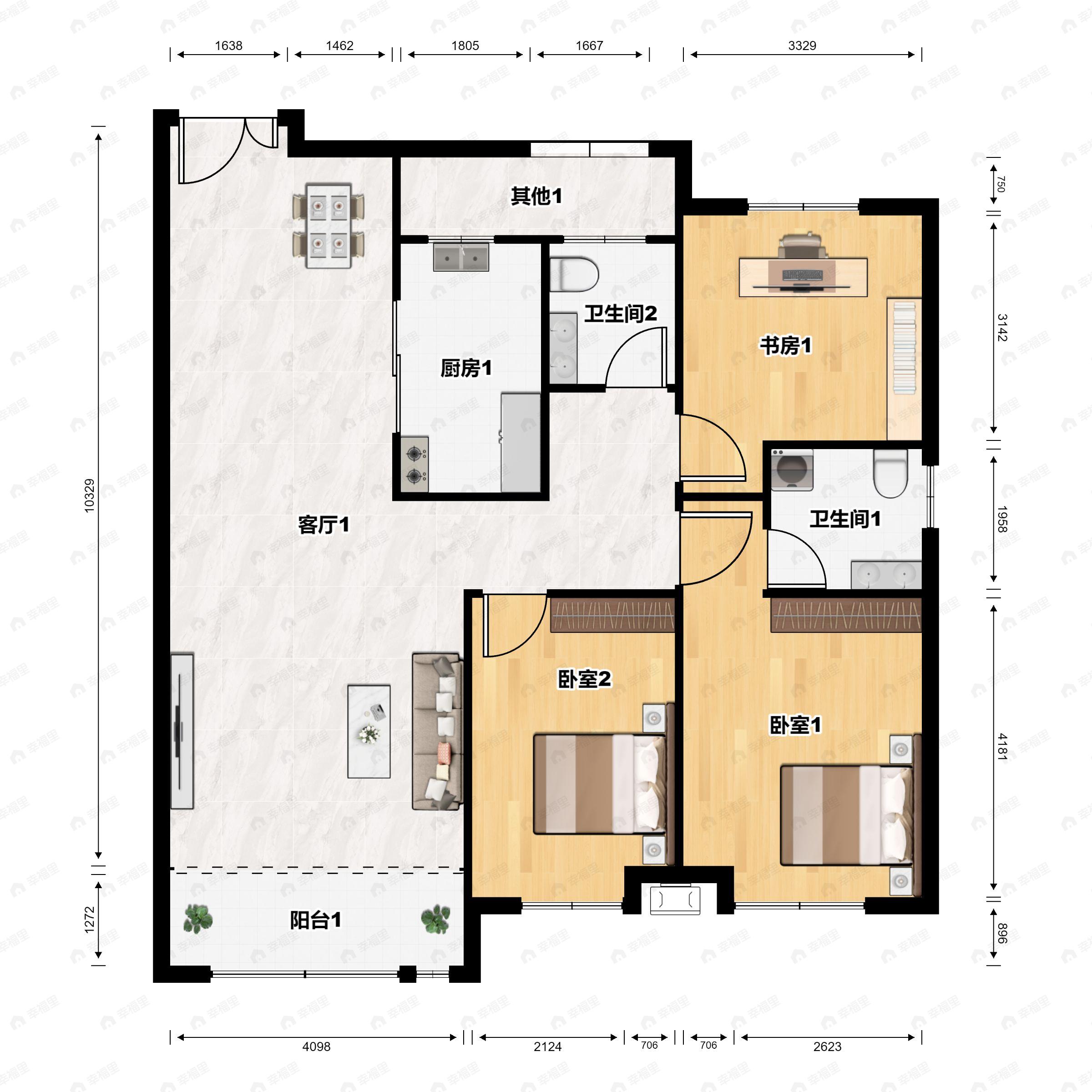 3室2厅2卫建面126平南|北户型图