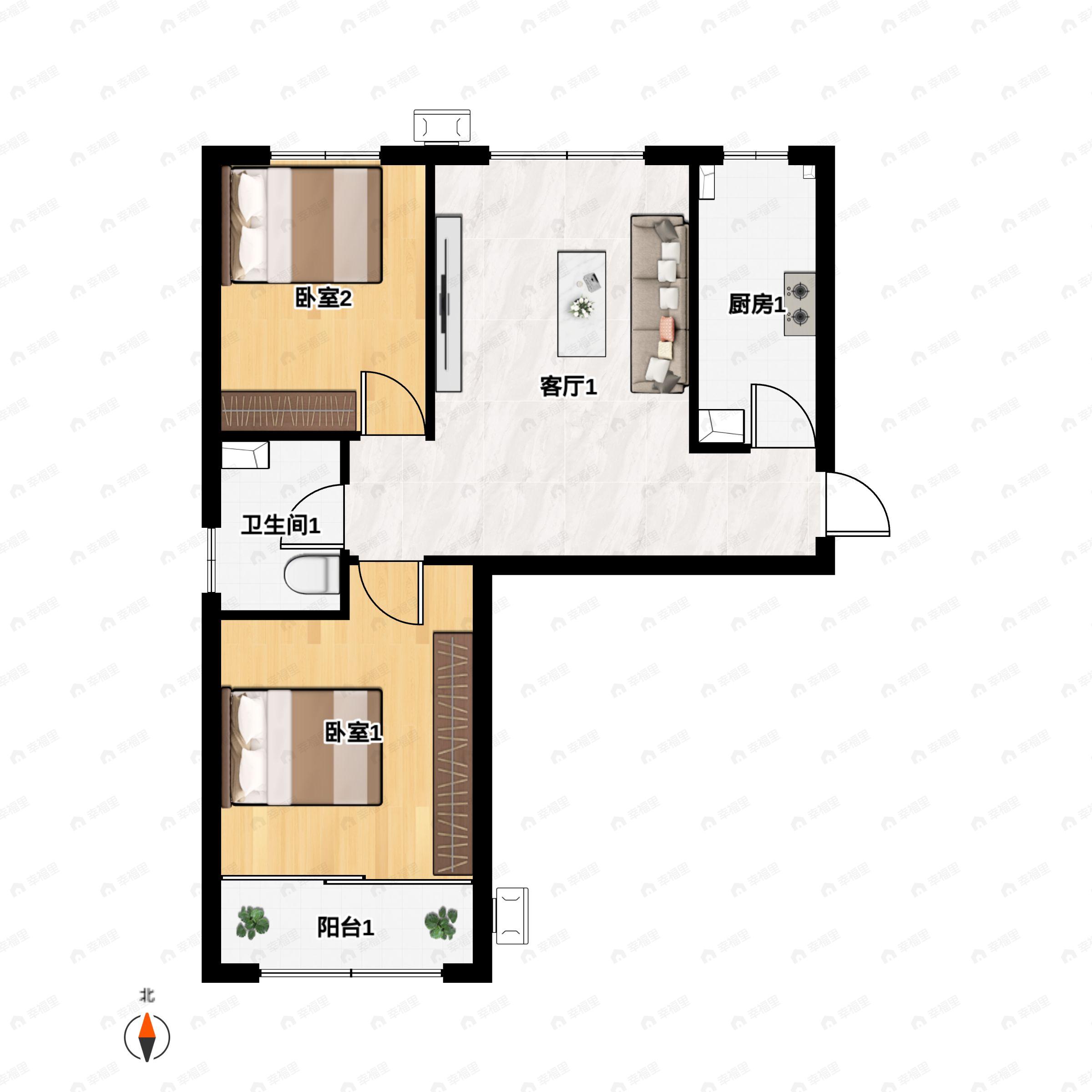 2室2厅1卫建面83m²北|南户型图