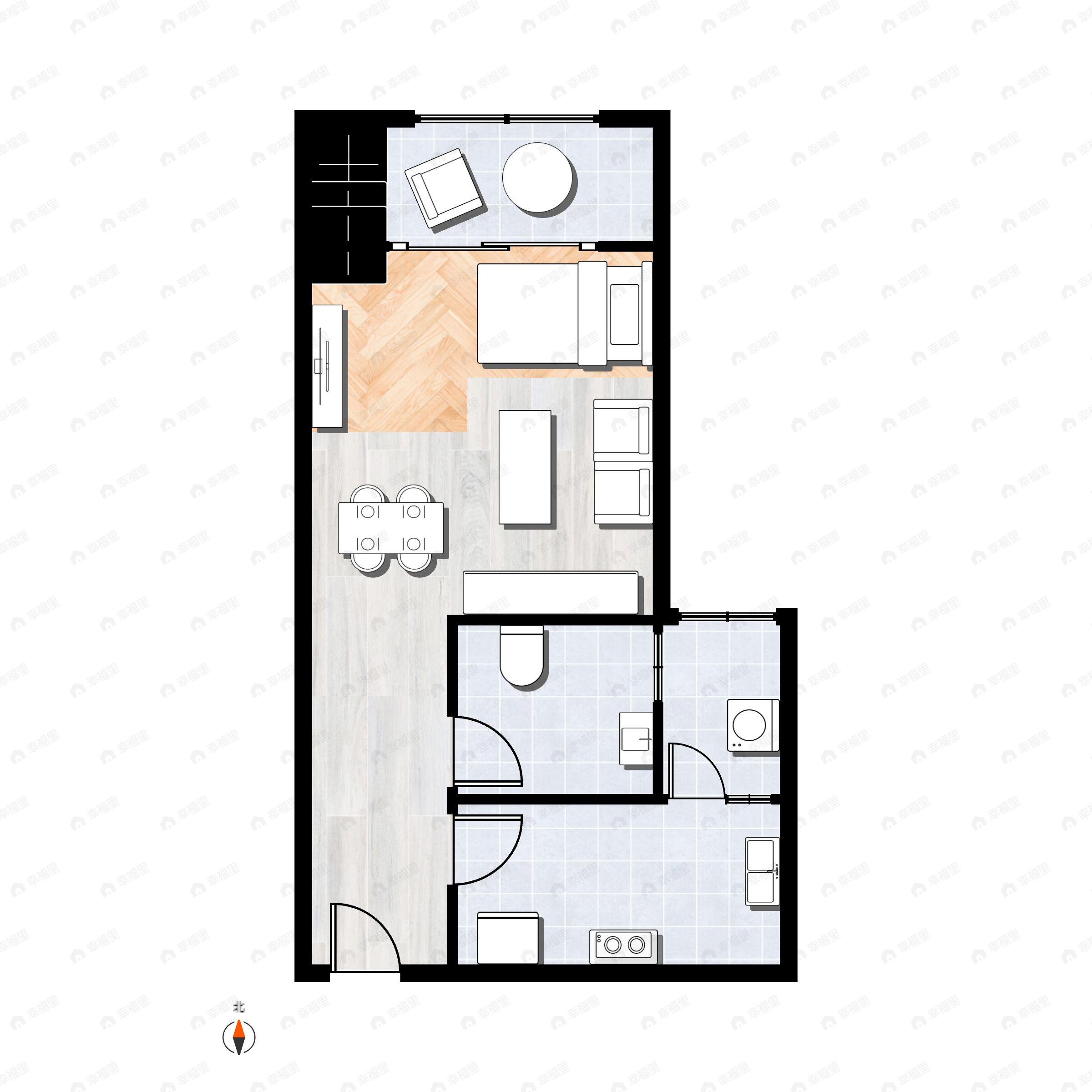 1室1厅1卫建面53m²东南|西北户型图