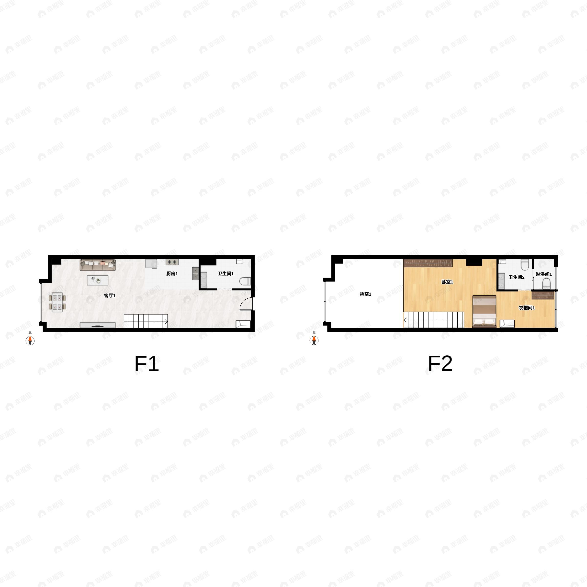 1室1厅2卫建面45m²西户型图