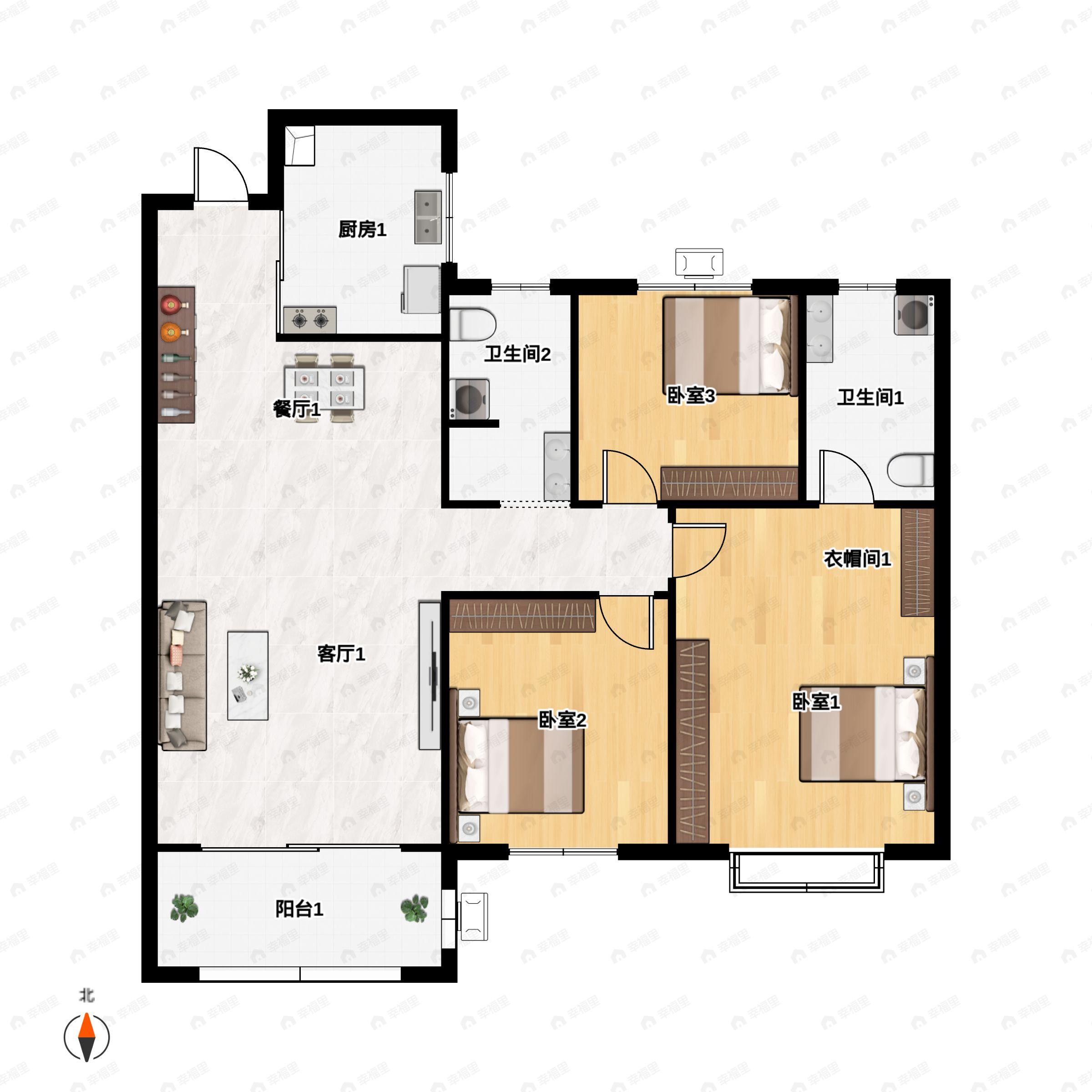 3室2厅2卫建面121平户型图