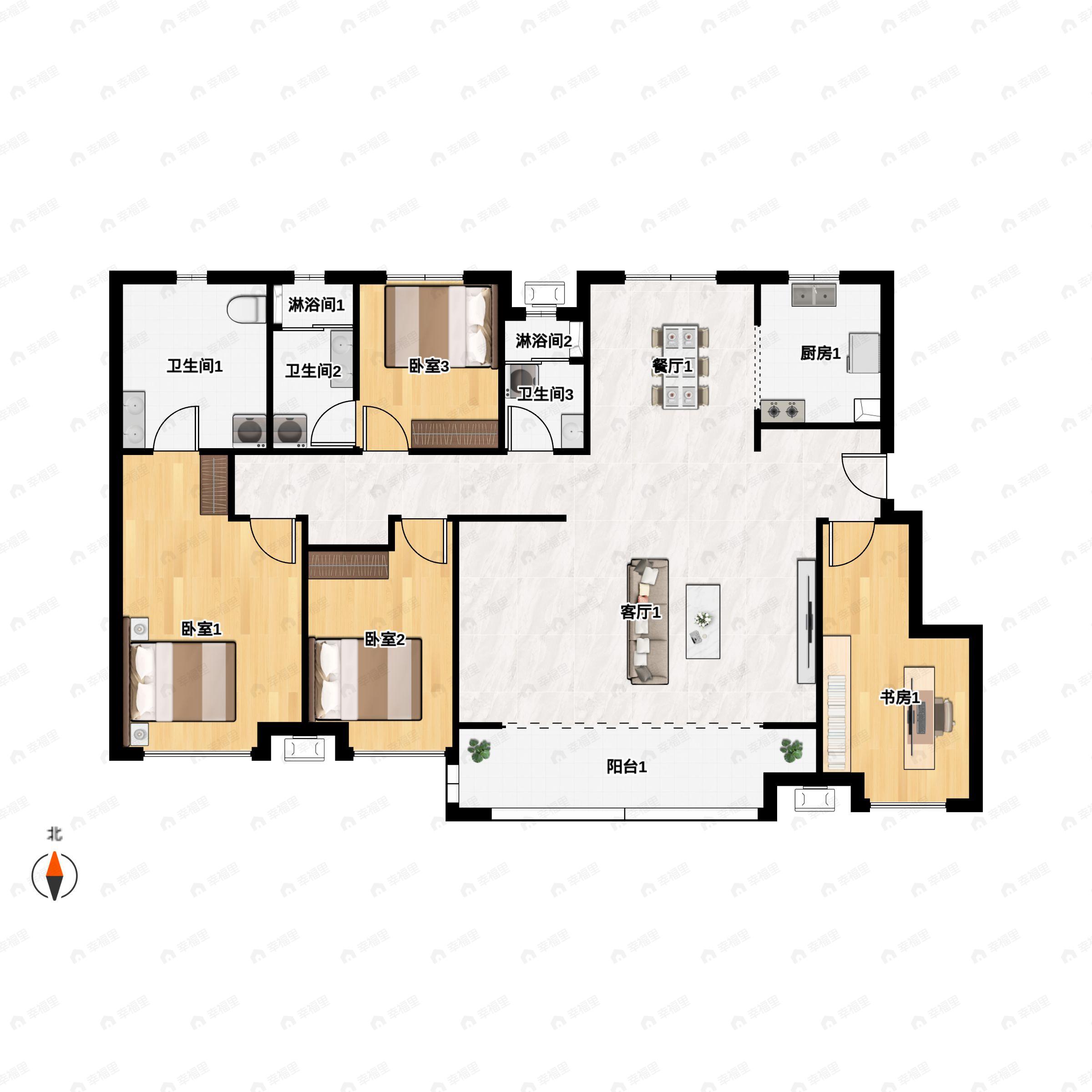 4室2厅3卫建面168平南|北户型图