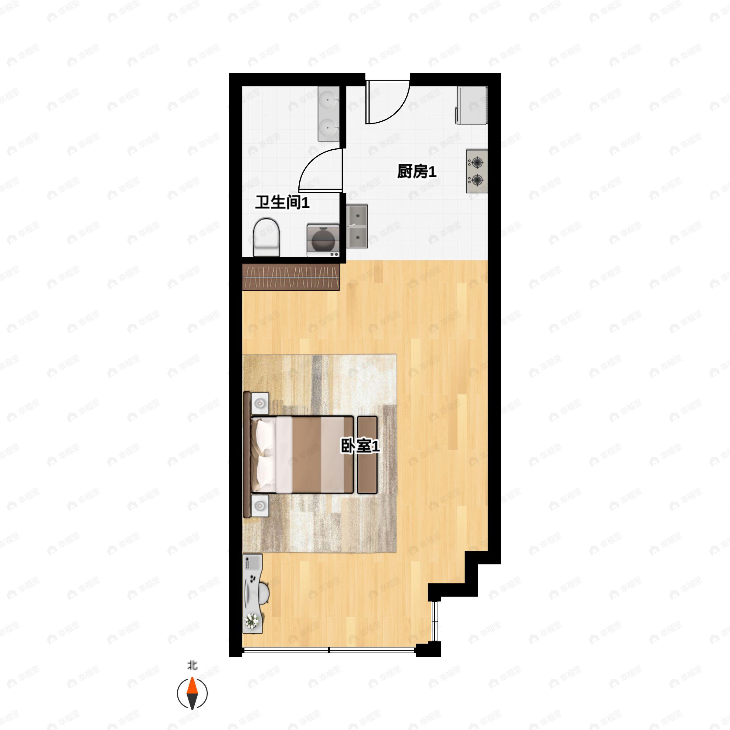 1室1厅1卫建面43m²南户型图