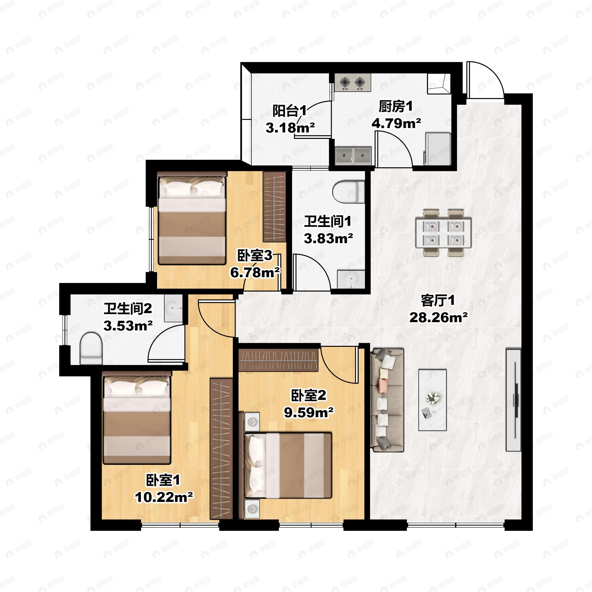 3室2厅2卫建面85平户型图