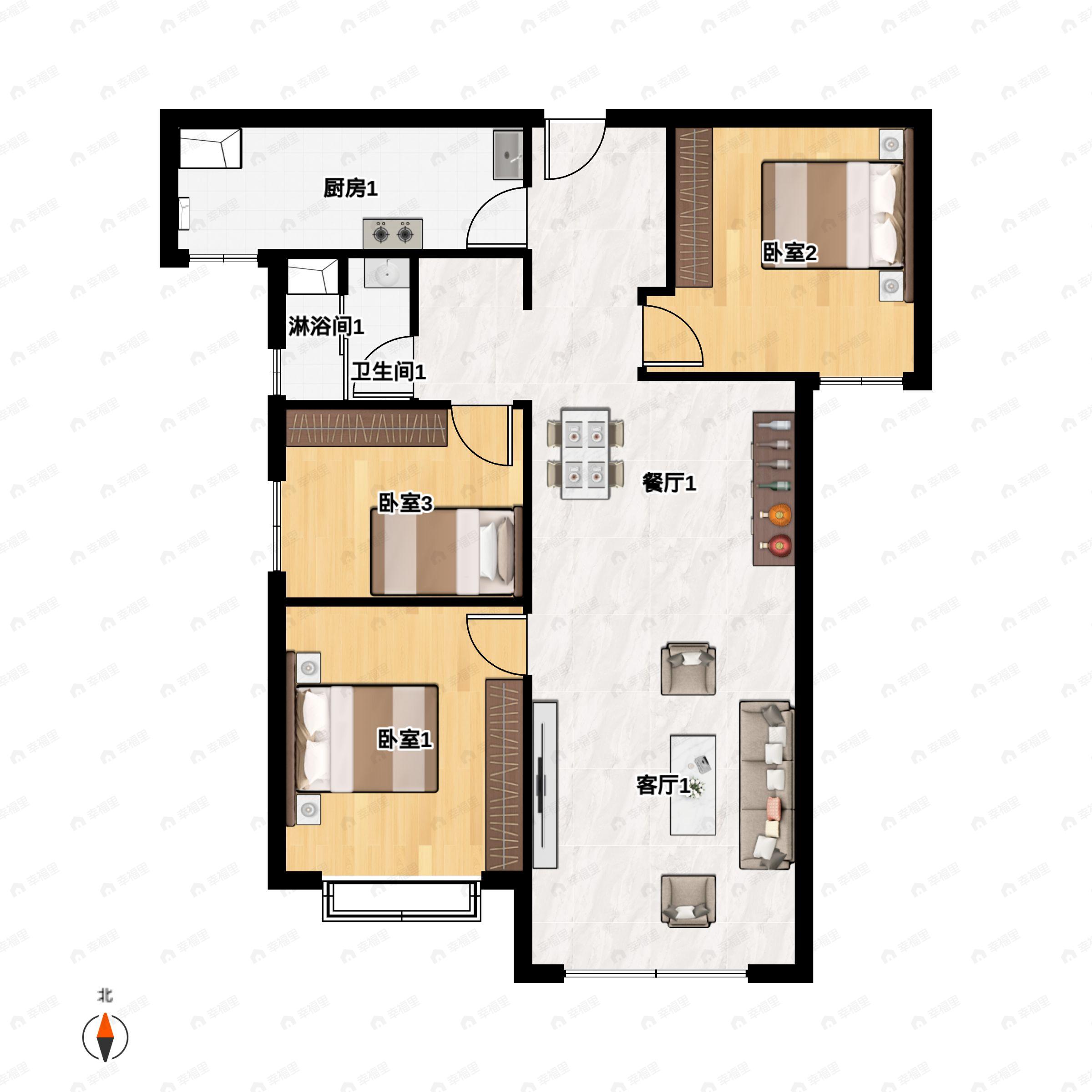3室2厅1卫建面102平户型图