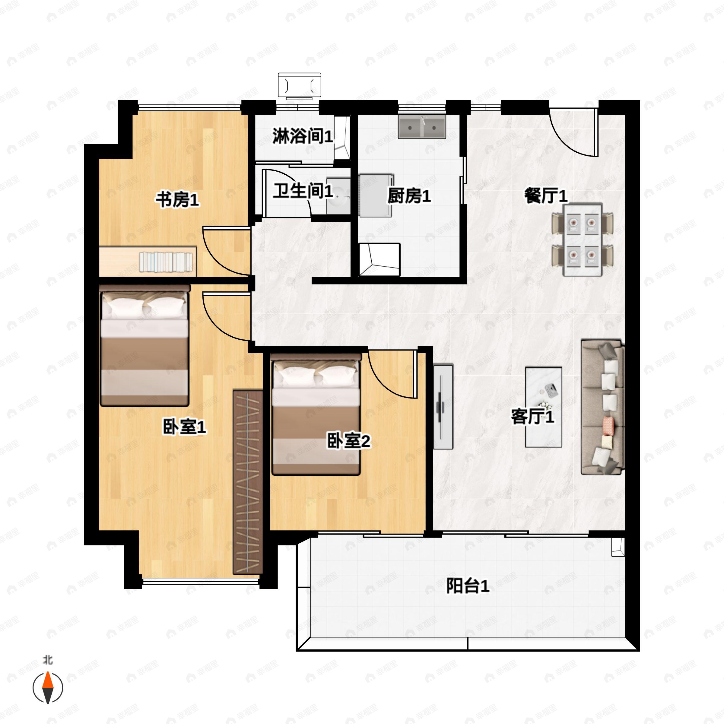 3室2厅1卫建面88m²南|北户型图