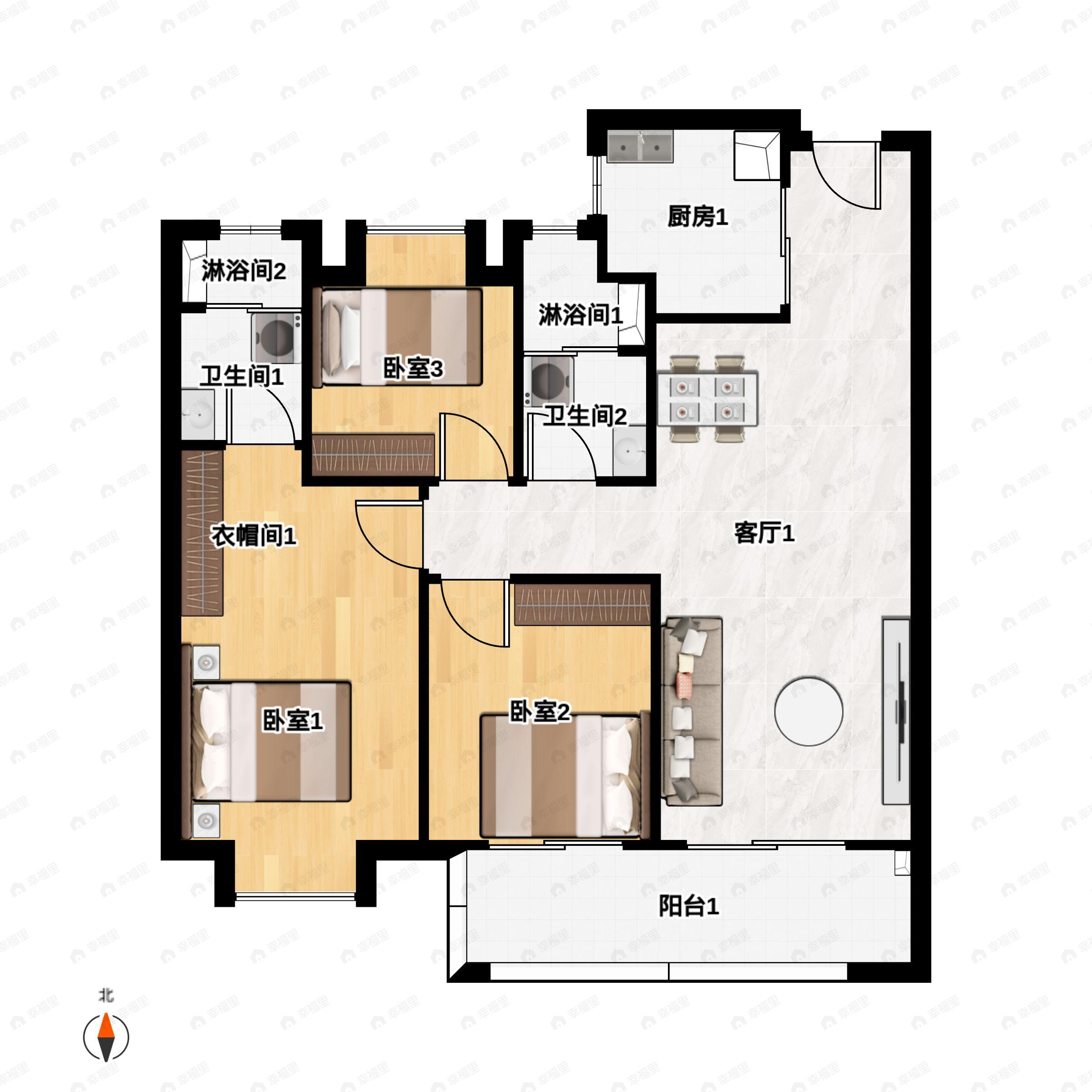 3室2厅2卫建面110m²户型图