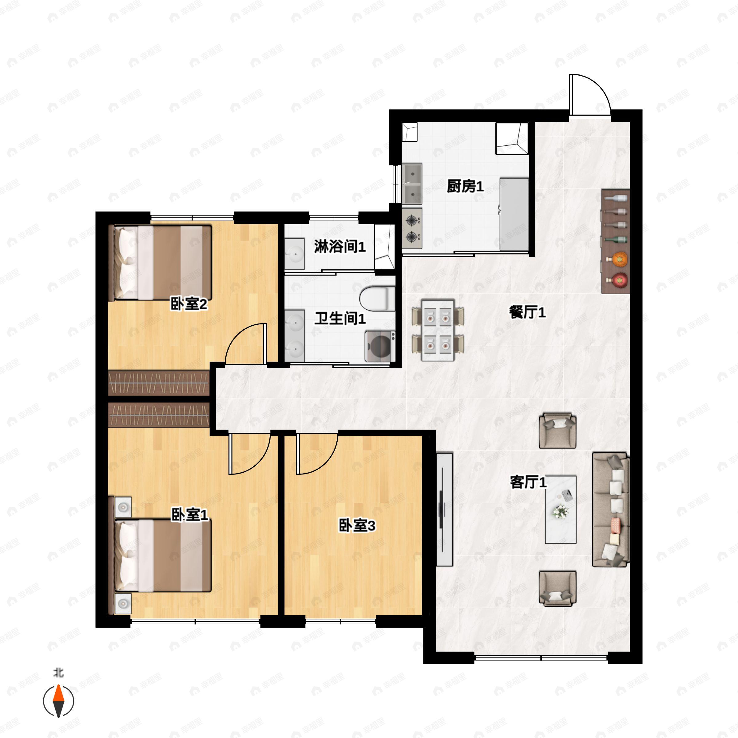 3室2厅1卫建面95平北|南户型图