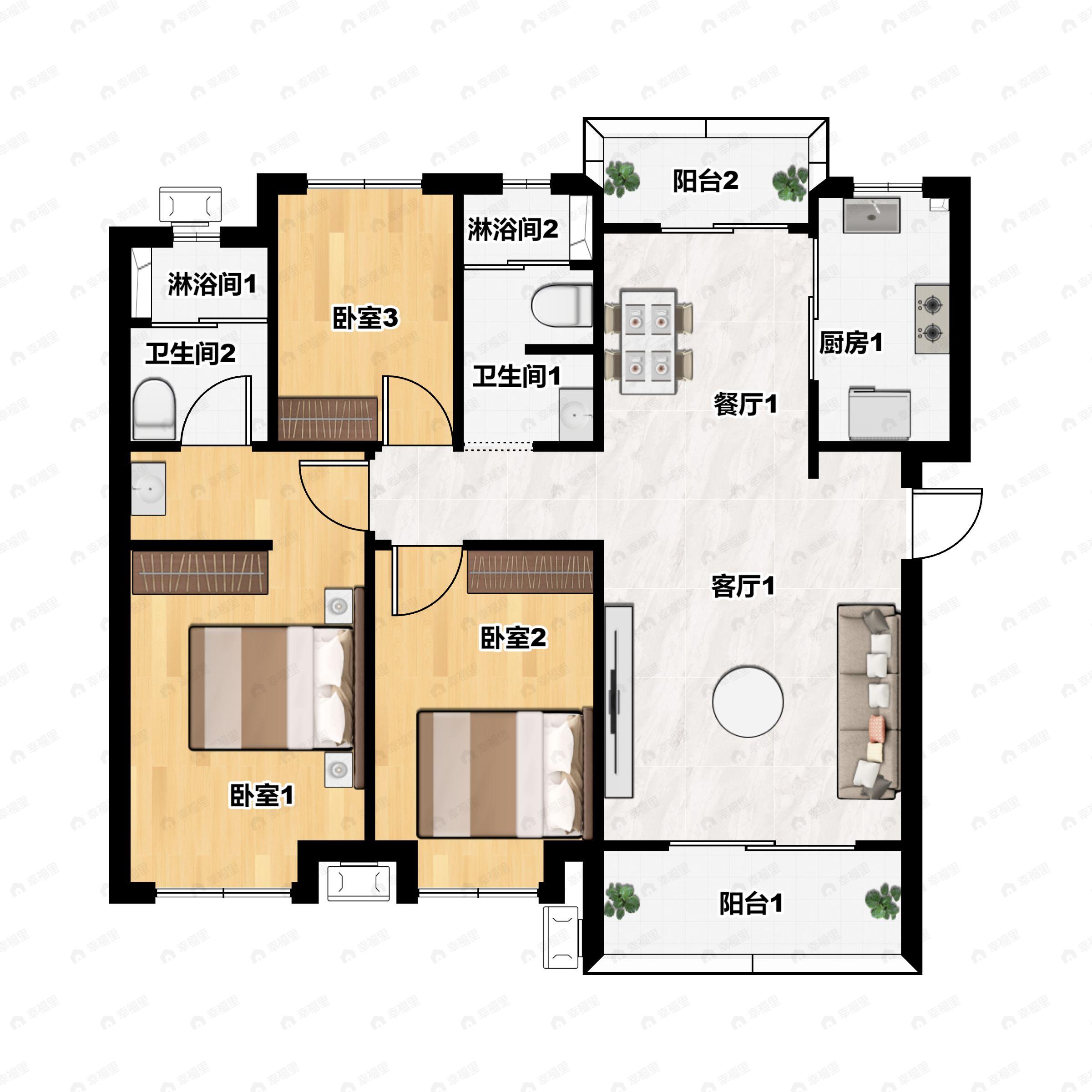 3室2厅2卫建面113m²北|南户型图