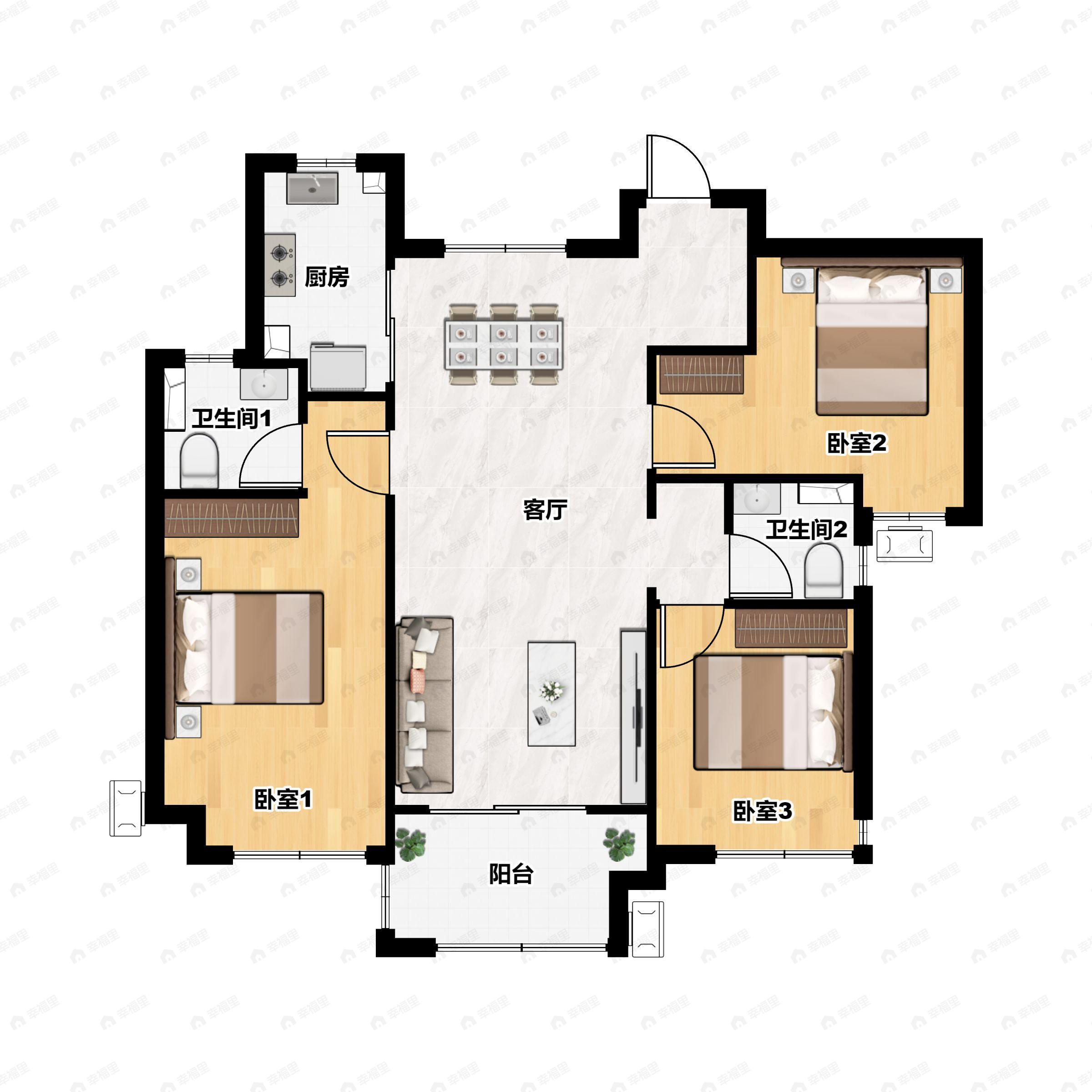 3室2厅2卫建面114平户型图