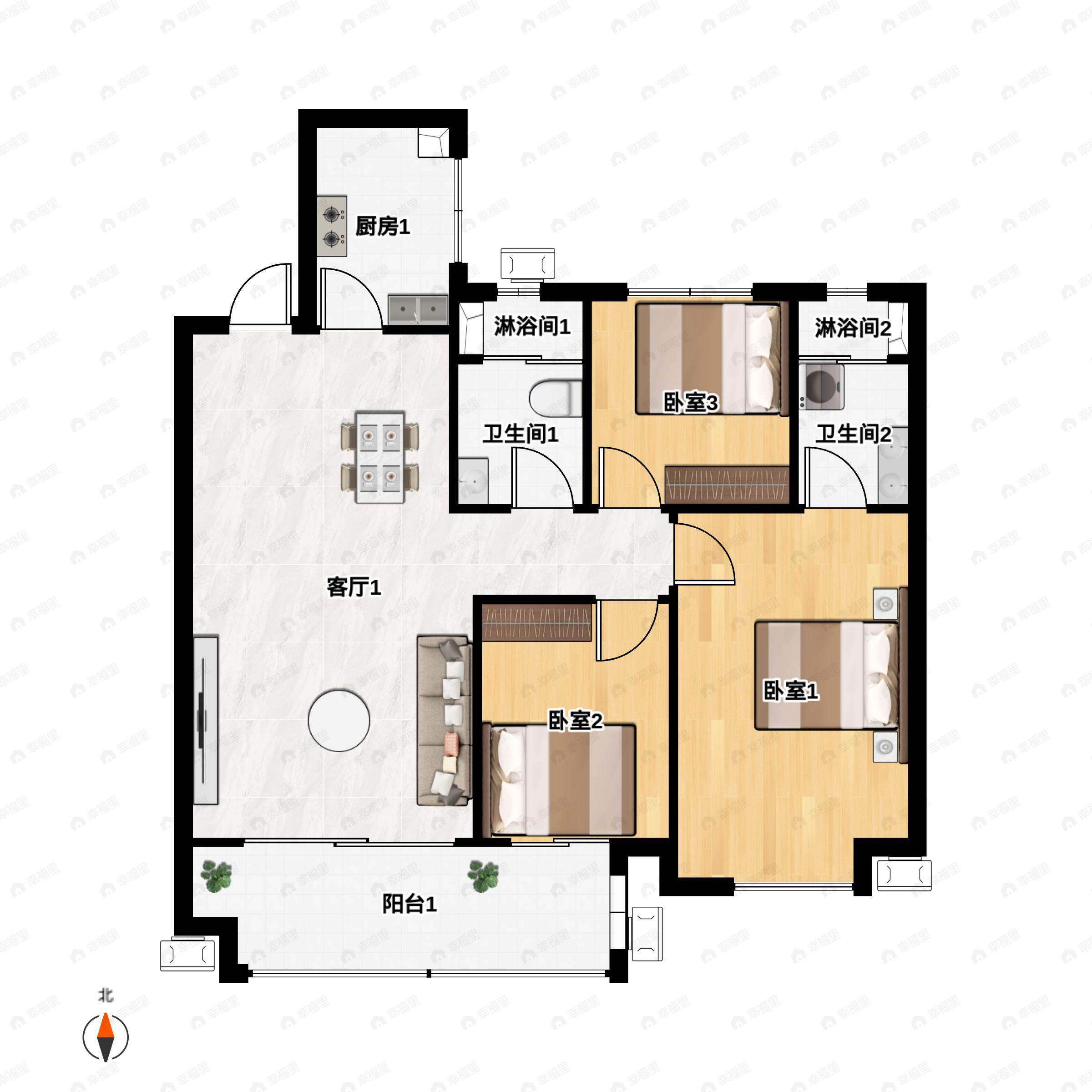 3室2厅2卫建面117m²南户型图