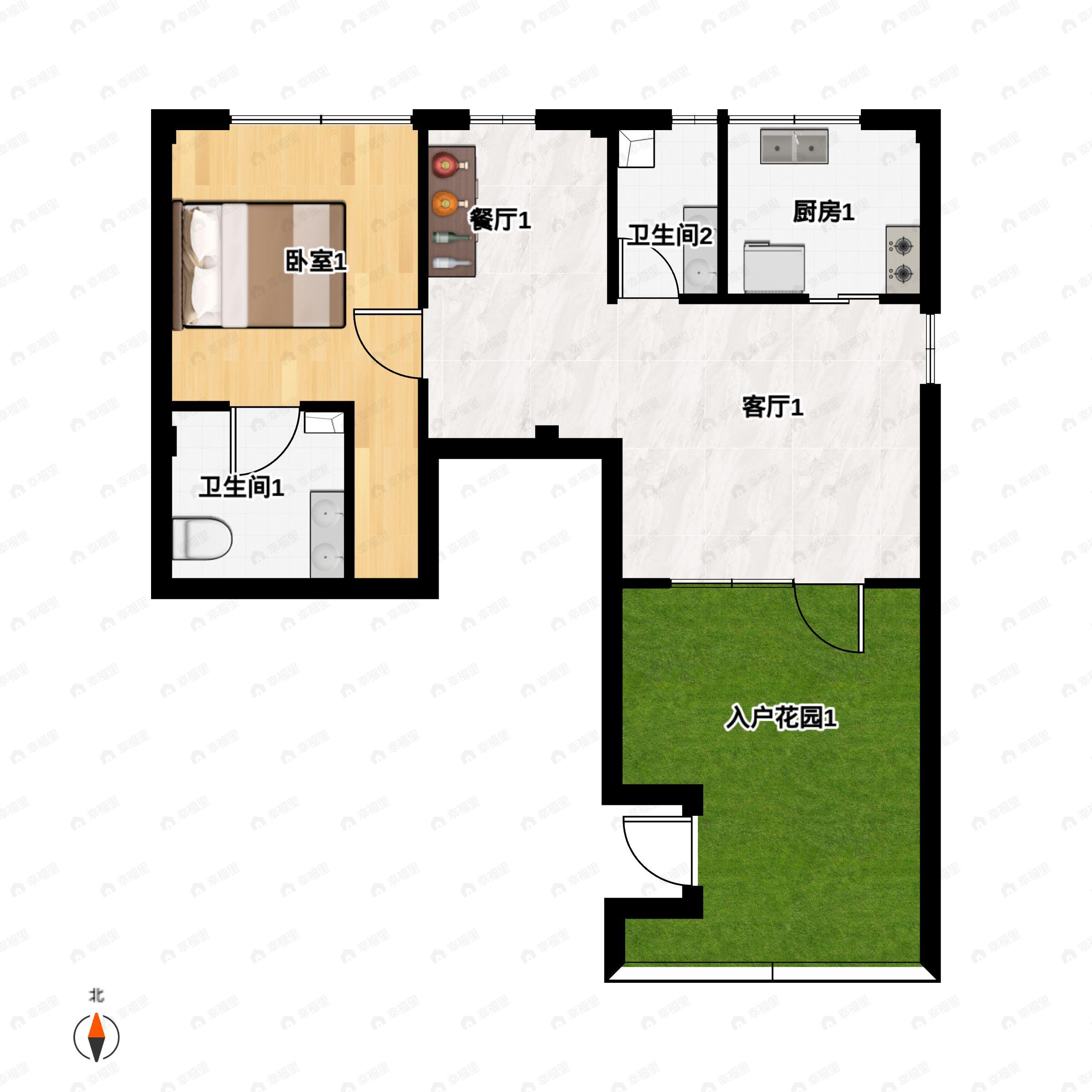 1室1厅1卫建面55m²北|东|南户型图