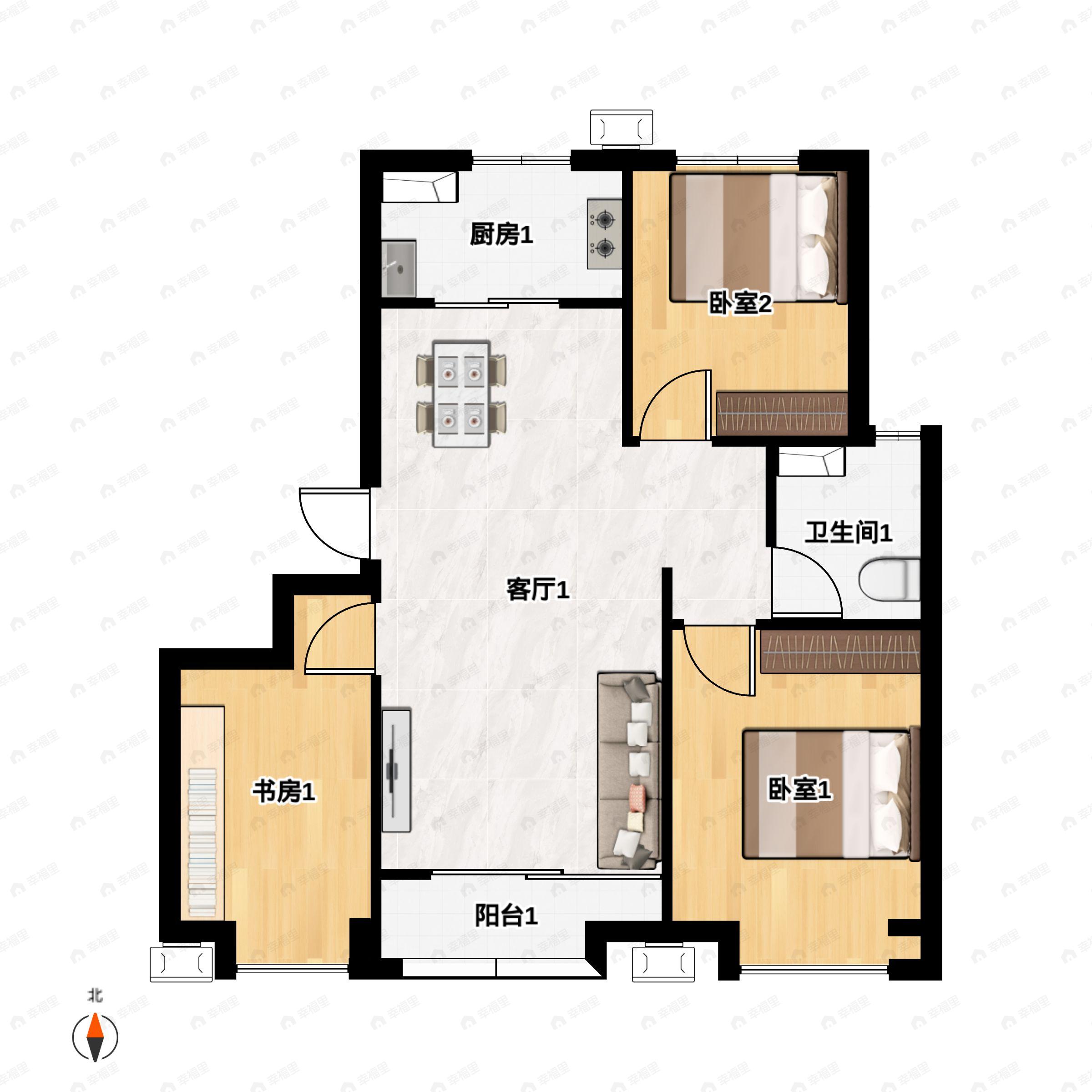 3室2厅1卫建面97平南户型图