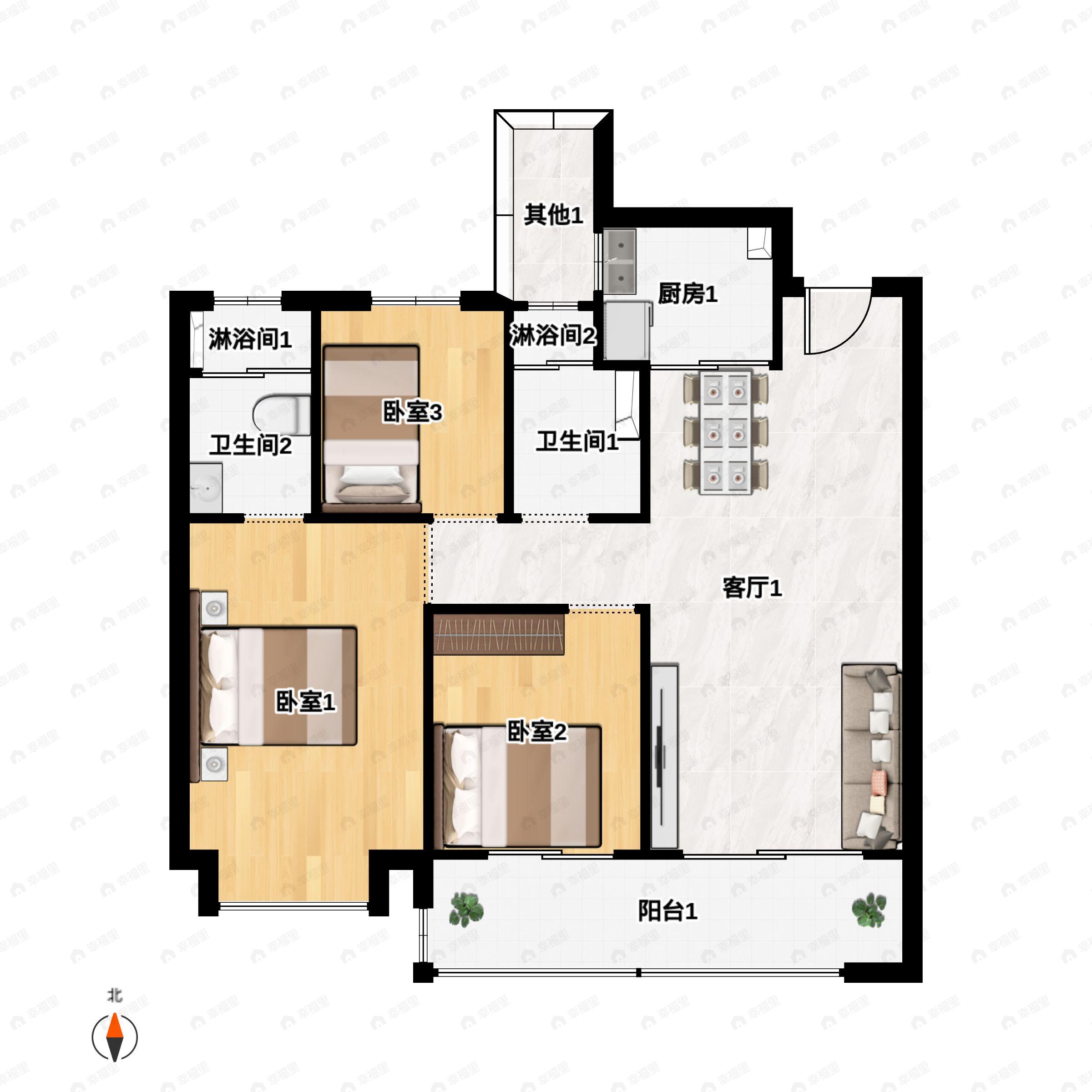 3室2厅2卫建面99平南户型图
