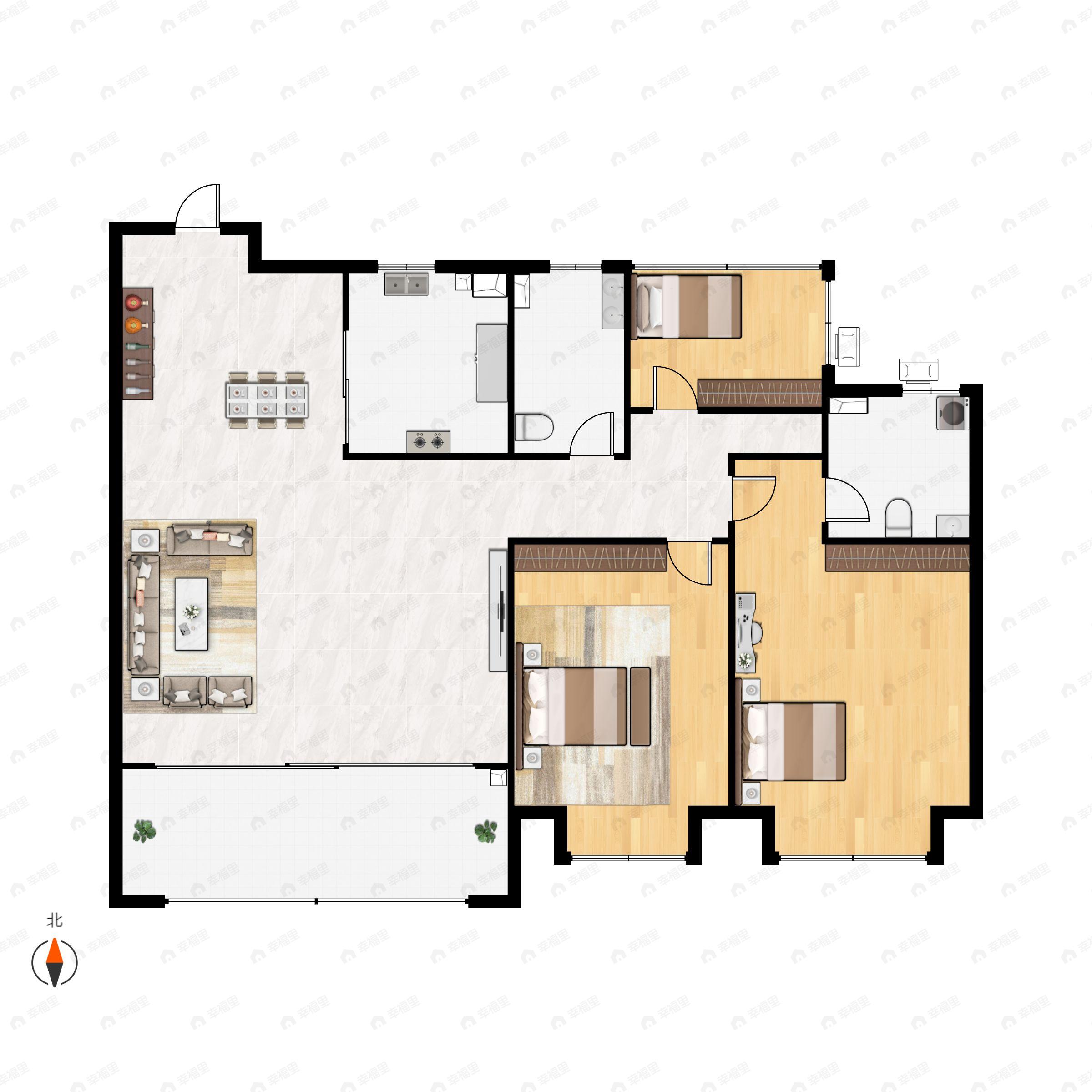 3室2厅2卫建面115m²南|北户型图