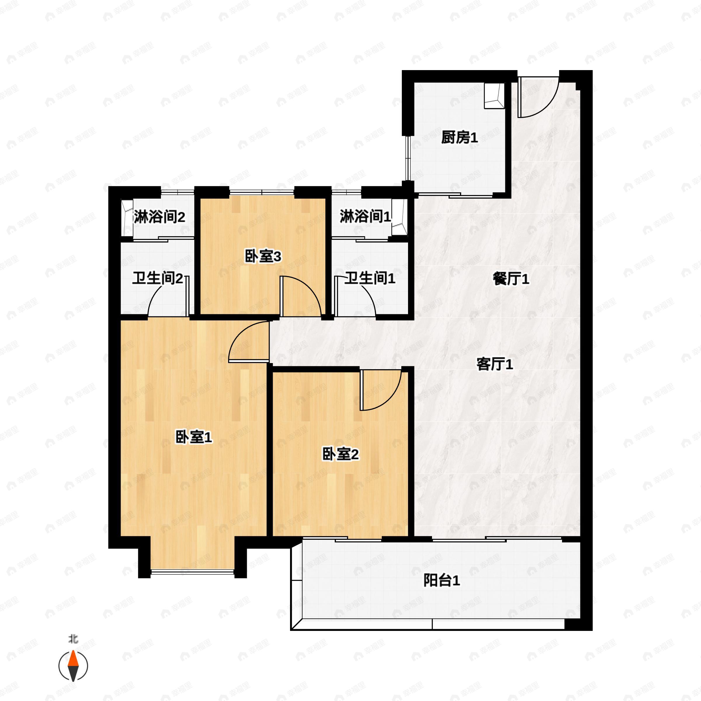 3室2厅2卫建面115m²南户型图