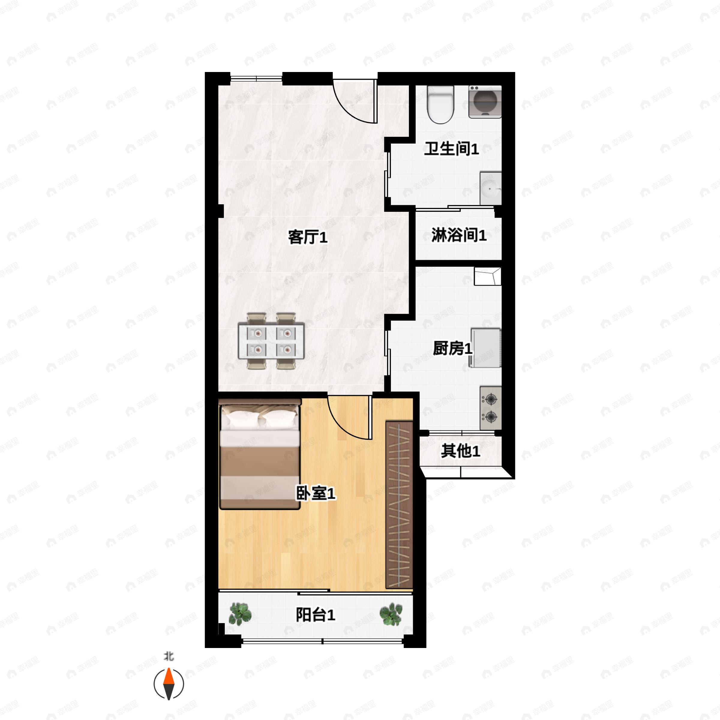 1室2厅1卫建面62m²南户型图