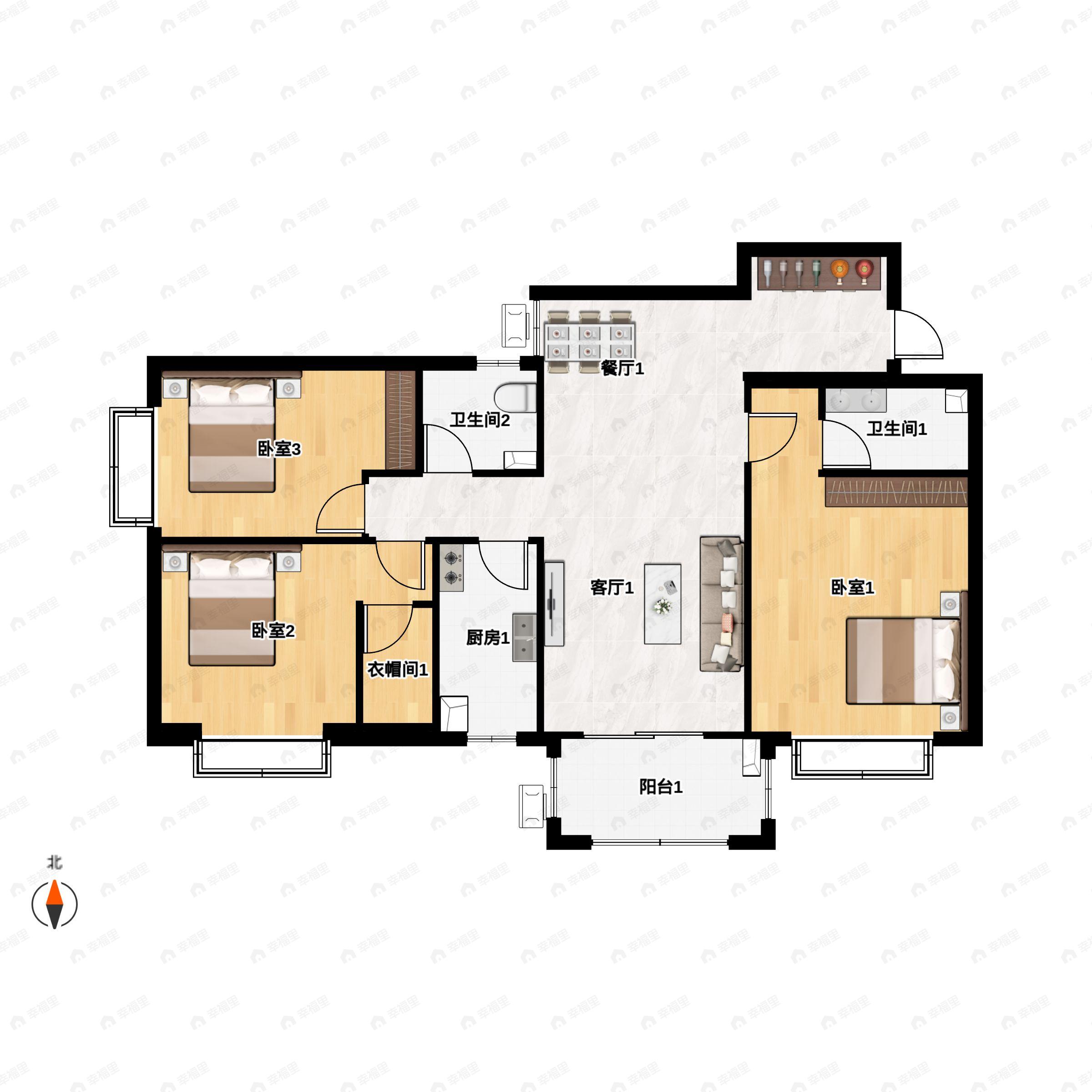 3室1厅1卫建面130平南户型图
