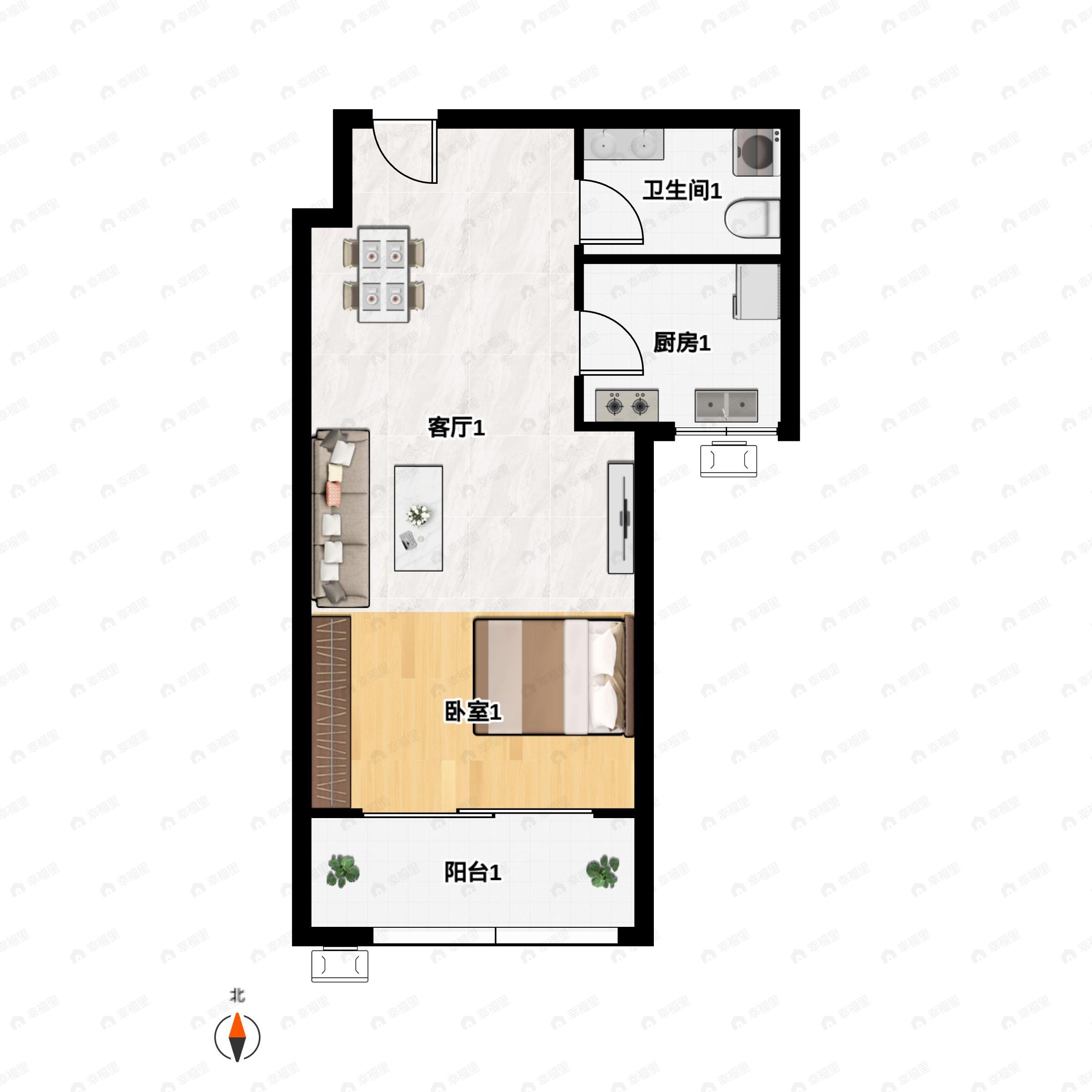 1室1厅1卫建面56m²南户型图