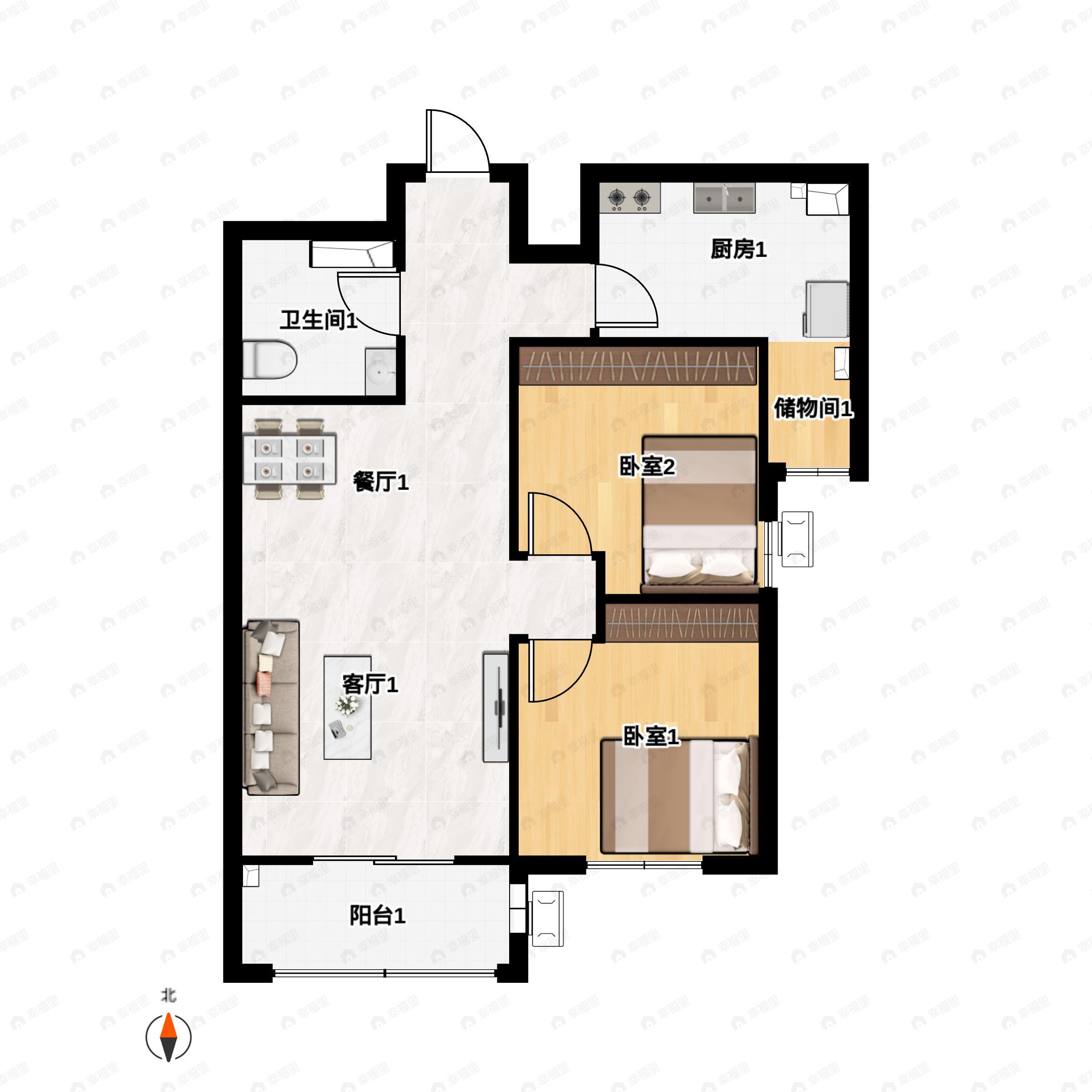 2室2厅1卫建面90m²南|东|西户型图