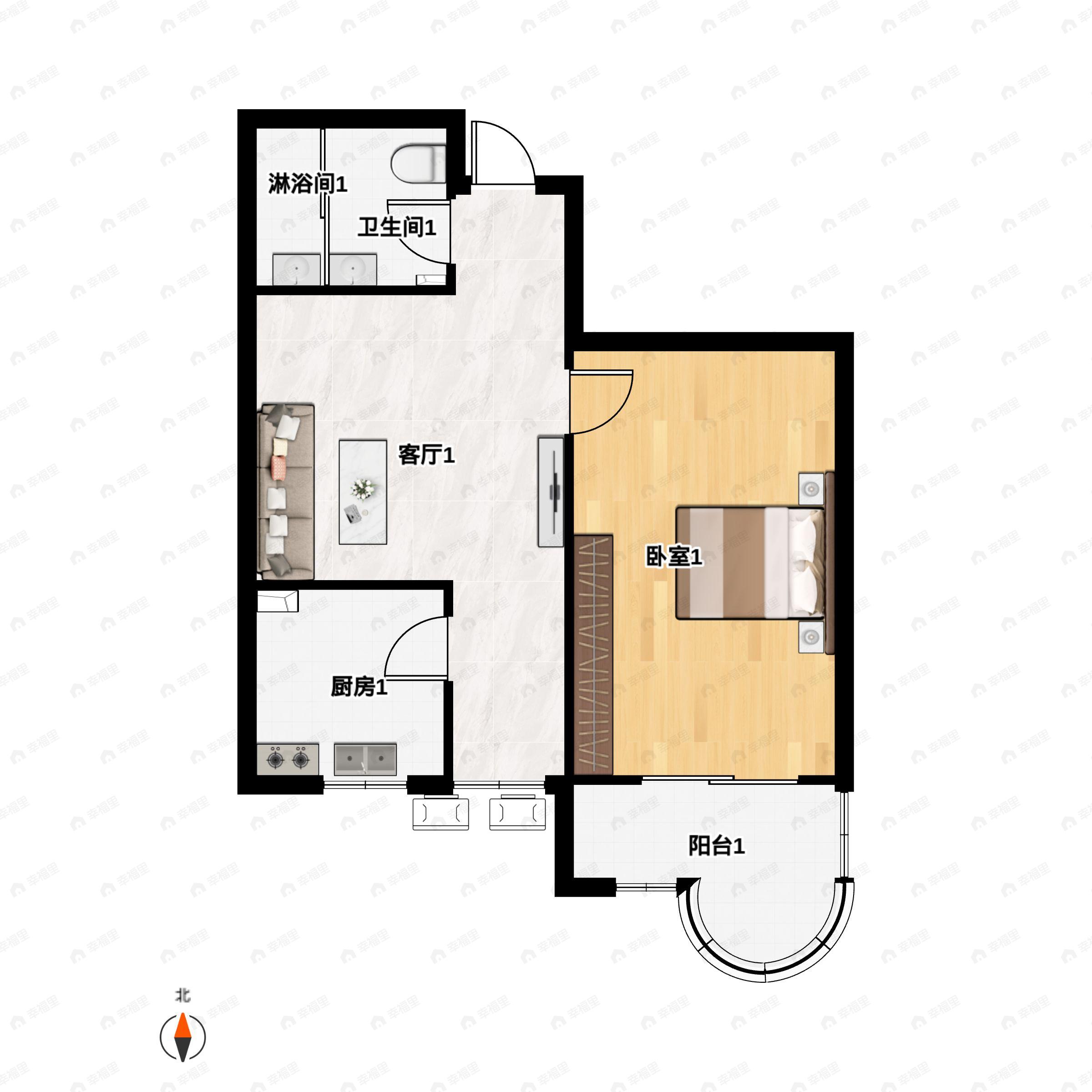 1室1厅1卫建面59m²南户型图