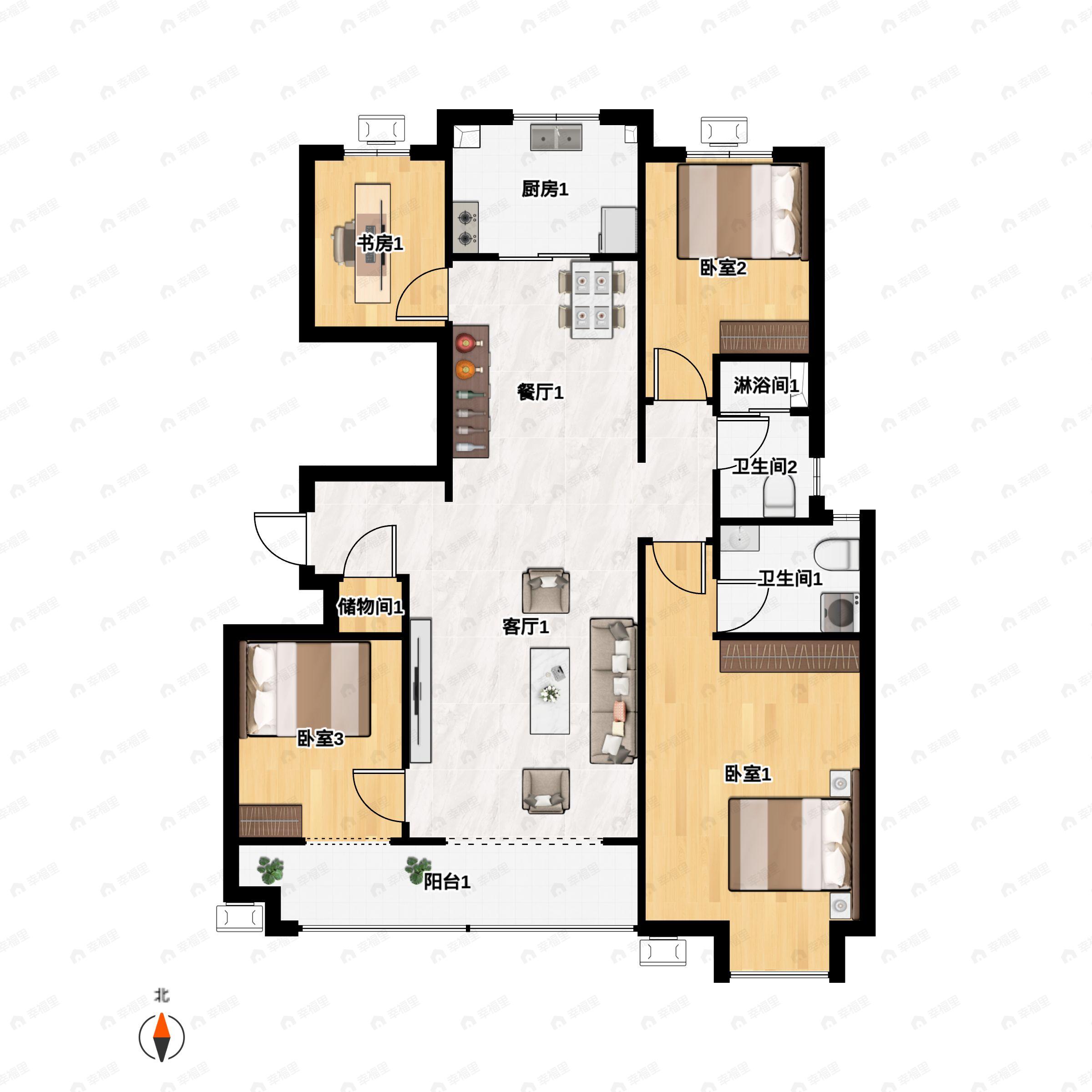 4室2厅2卫建面154平南|北户型图